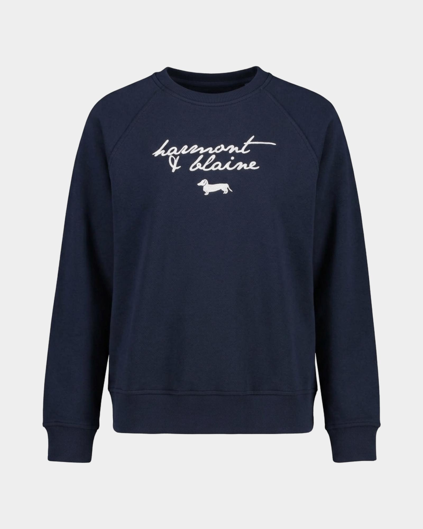 Sudadera para mujer cuello redondo con manga ragl&aacute;n y logo bordado, AZUL, large