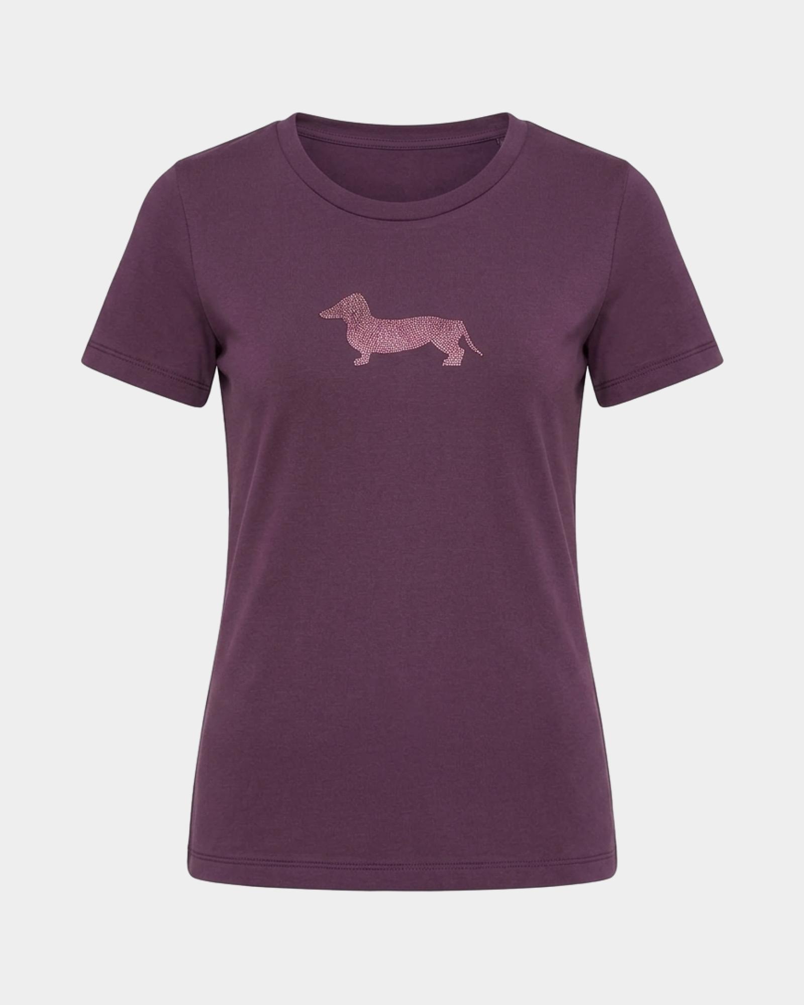 Camiseta de mujer en algod&oacute;n el&aacute;stico  con Maxi perro salchicha glitter, MORADO, large