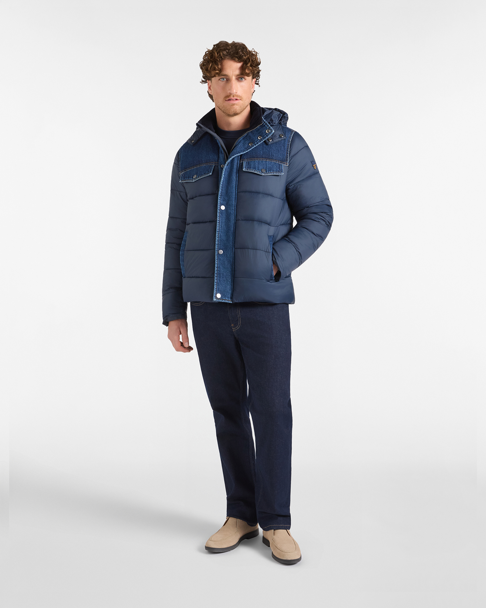 Giubbino HBJ Uomo Imbottito in Nylon e Denim, BLU DENIM, large