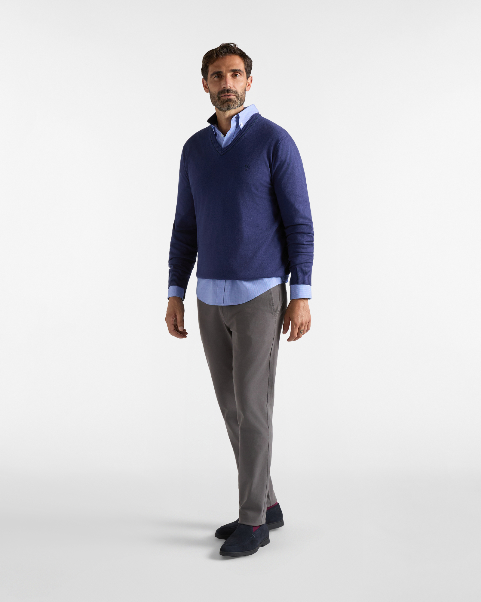 Maglia HBJ Uomo in Punto Cardato con Scollo a V in Misto Lana e Cashmere, BLU, large