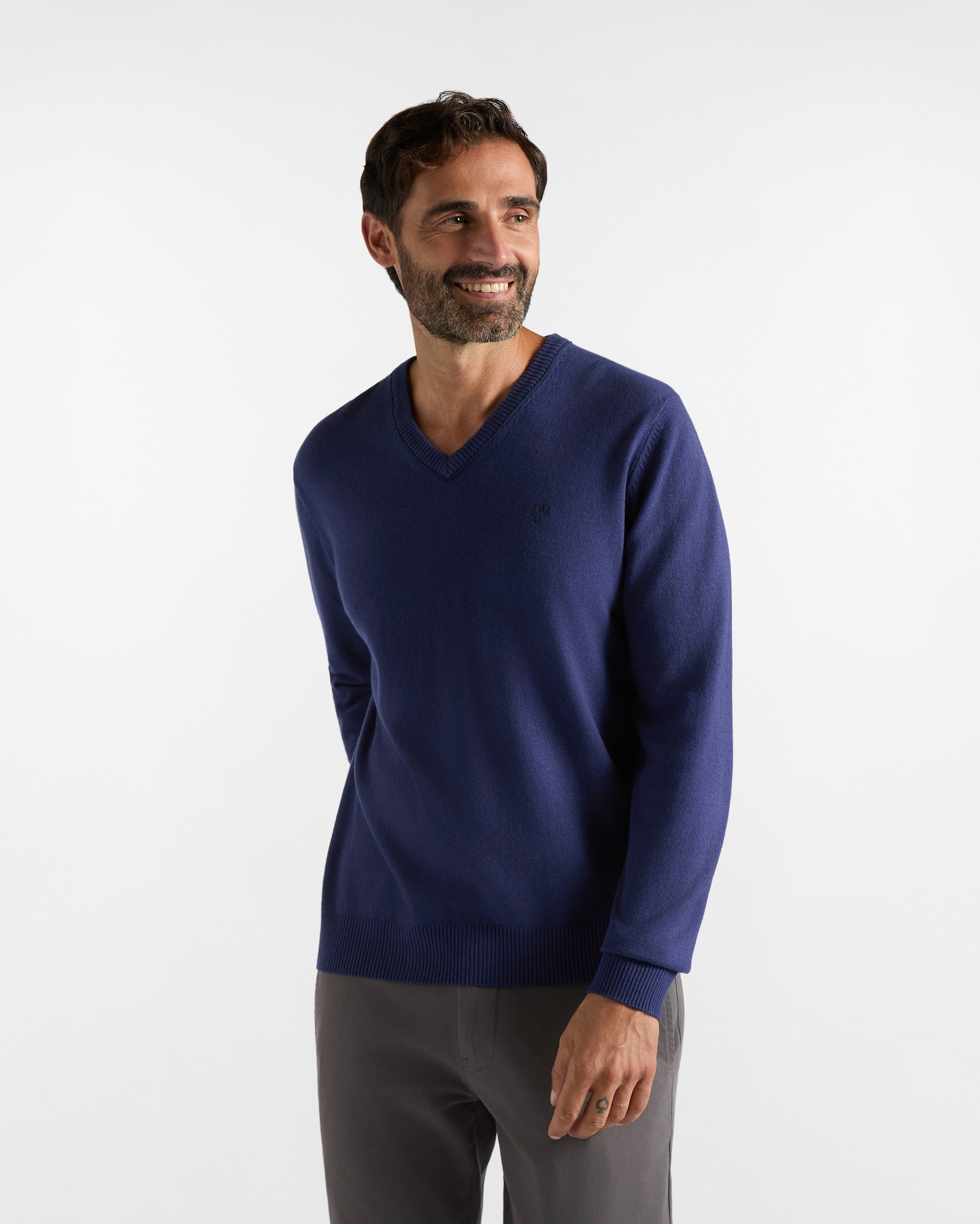 Maglia HBJ Uomo in Punto Cardato con Scollo a V in Misto Lana e Cashmere Blu