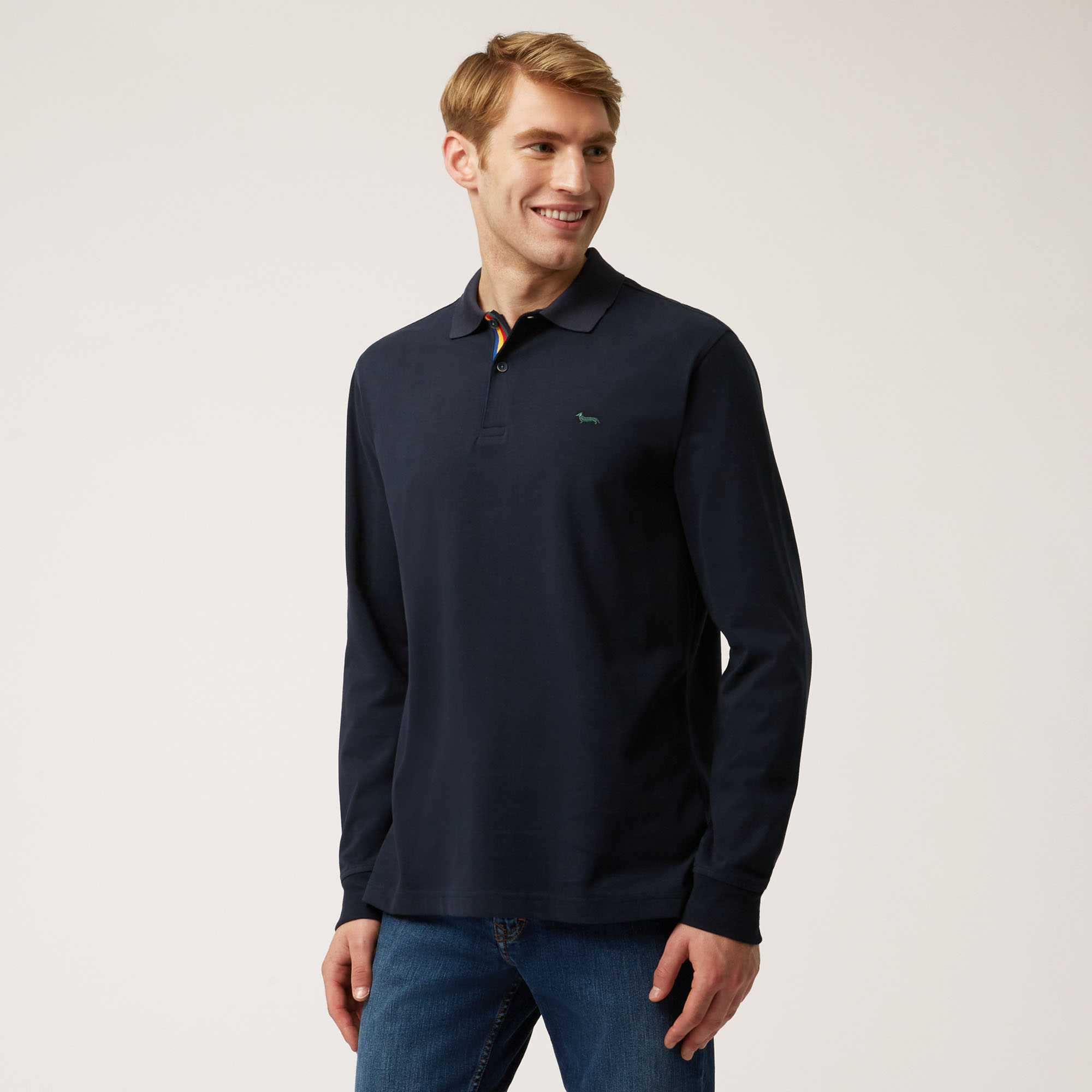 Long-Sleeved Cotton Polo Shirt With Contrasting Detail, Blue, large