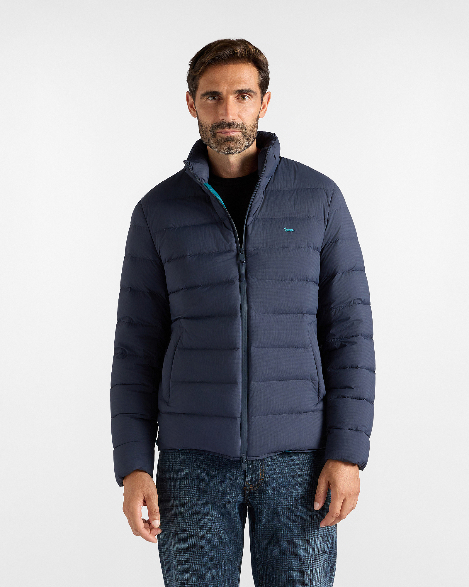 Men's blue ripstop nylon and down bomber jacket