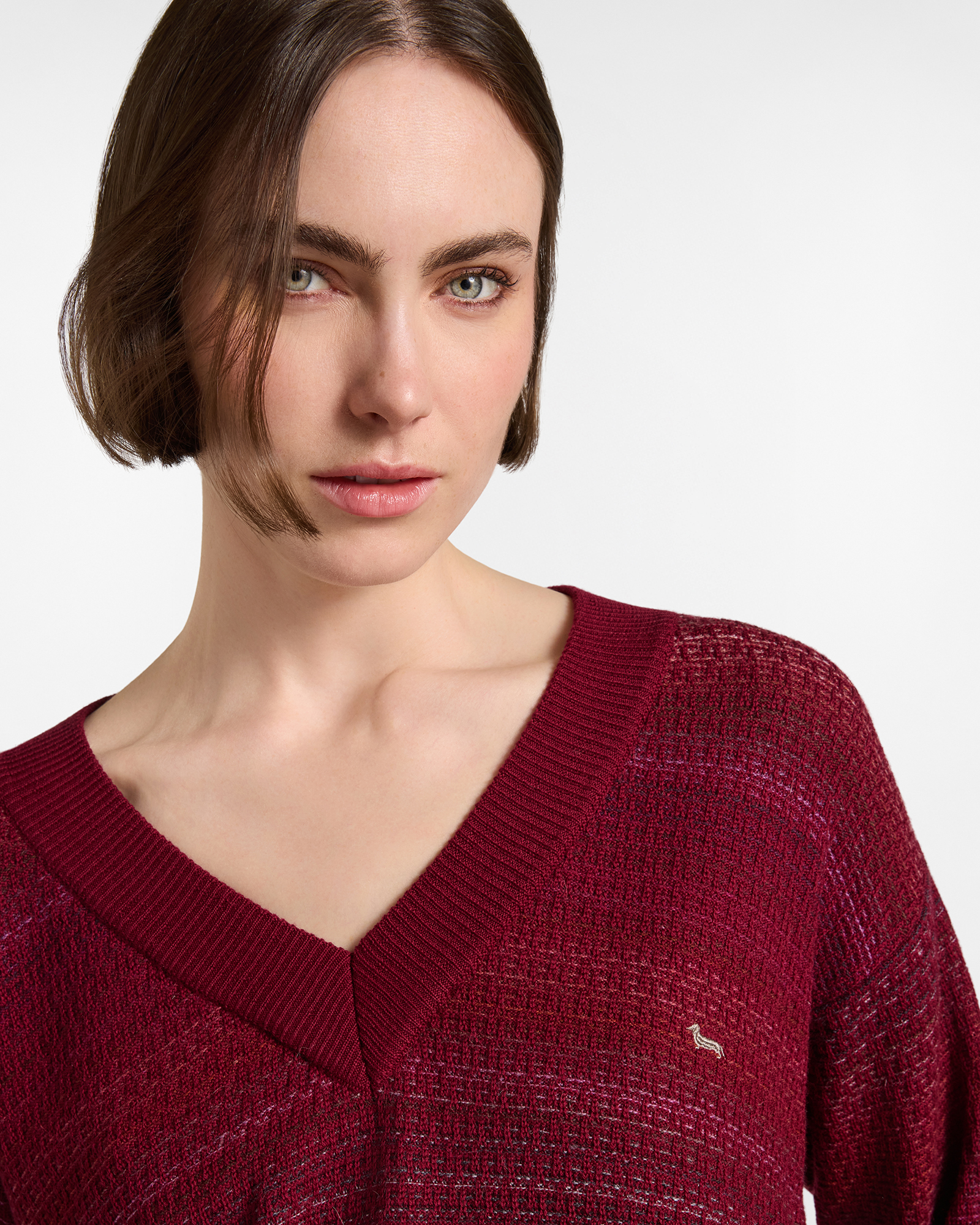 Women's Made in Italy deep V-neck pullover 100% pure wool, INDIAN ROSE, large