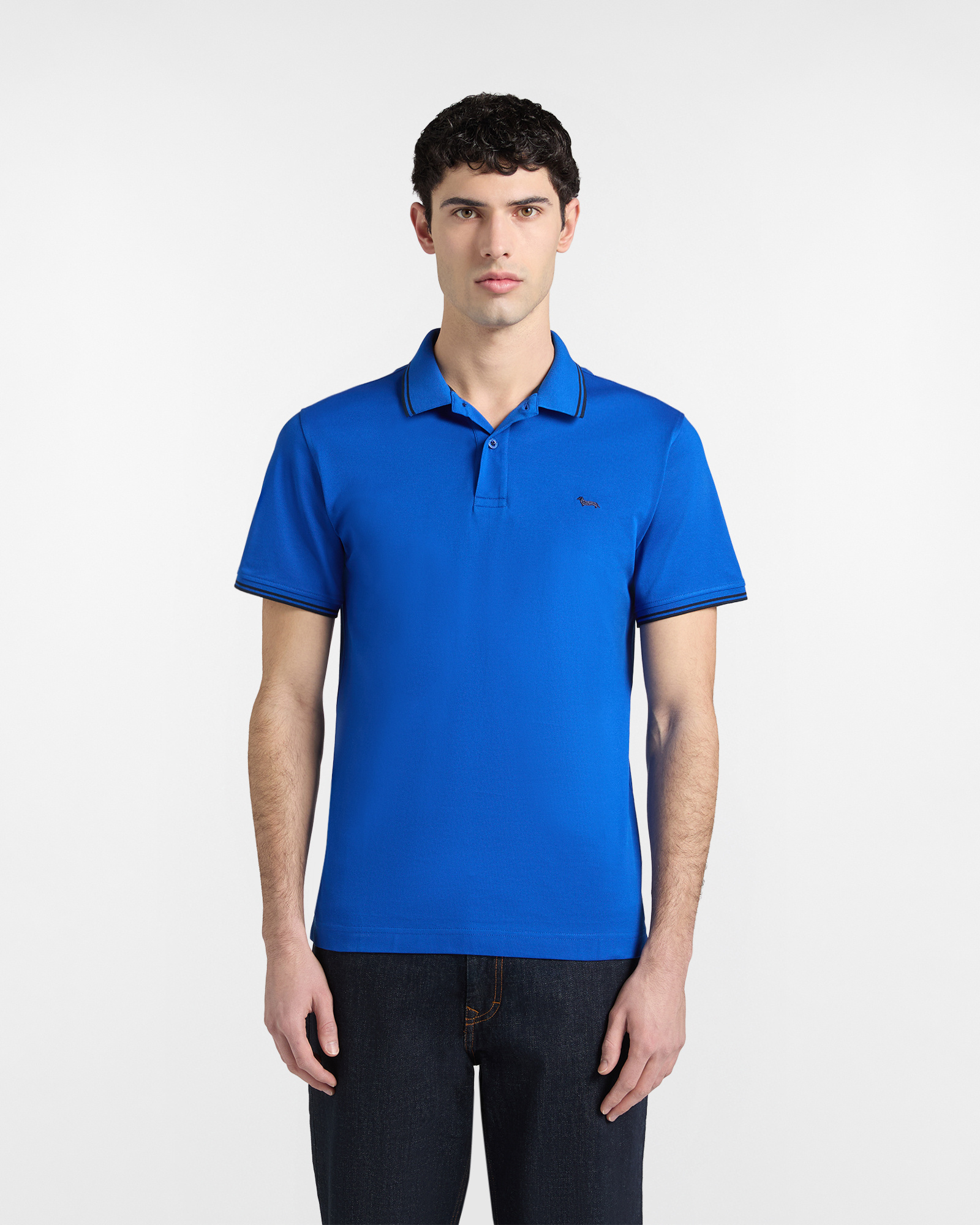 Polo de hombre con detalles de rayas en contraste, Azul, large