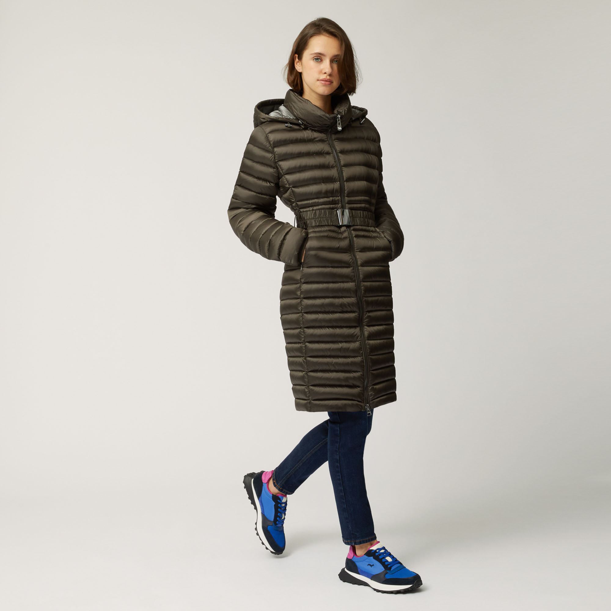 Long Padded Jacket With Hood, Brown, large image number 1