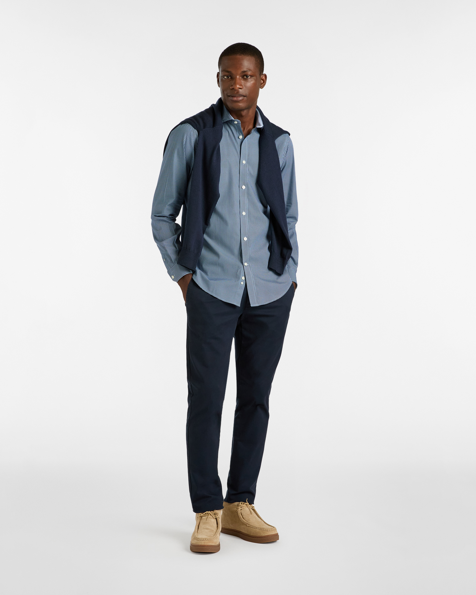 Camicia Microdisegno in Cotone con Collo alla Francese, Blu Scuro, large image number 3
