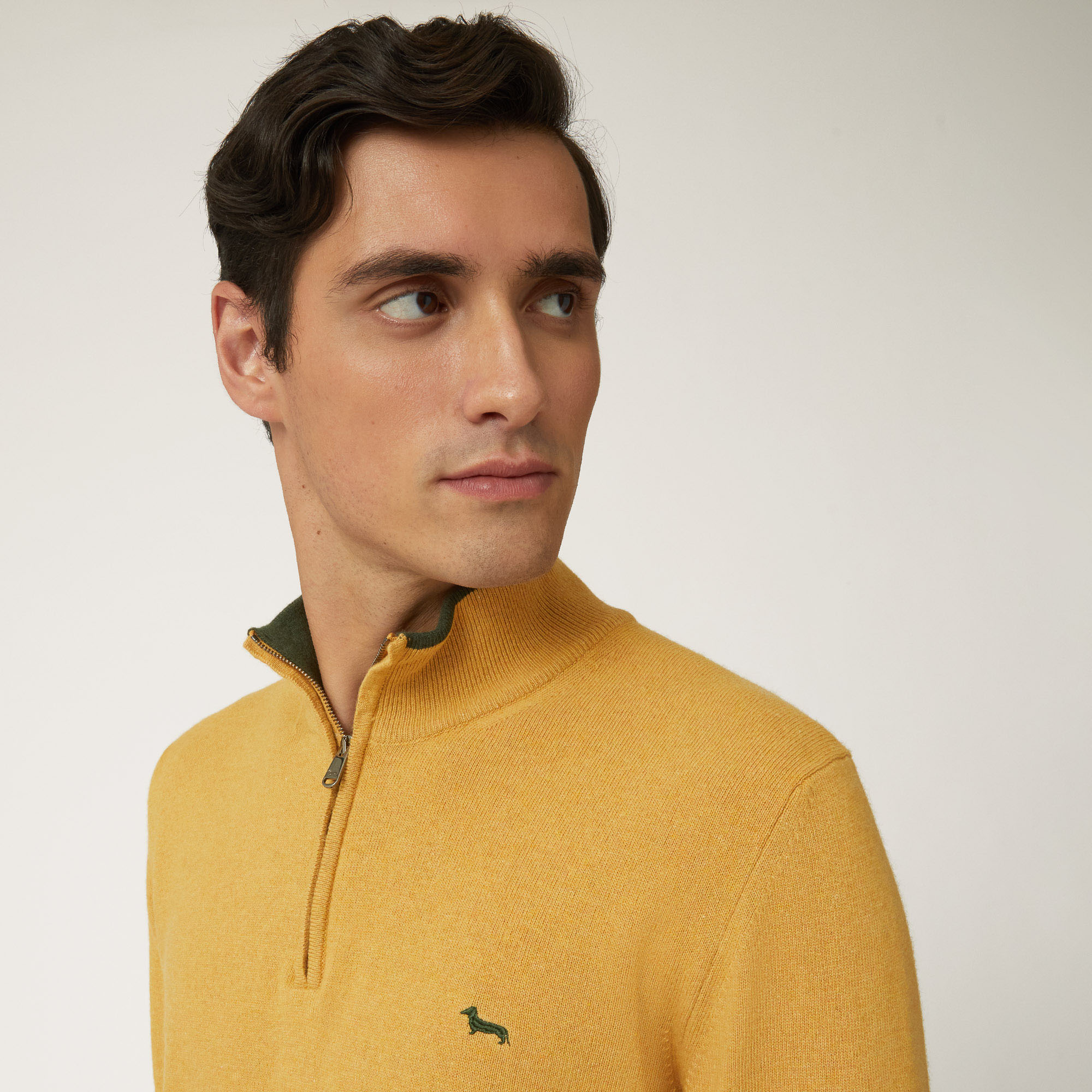 Pullover Girocollo Half Zip In Misto Lana, Oro, large image number 2