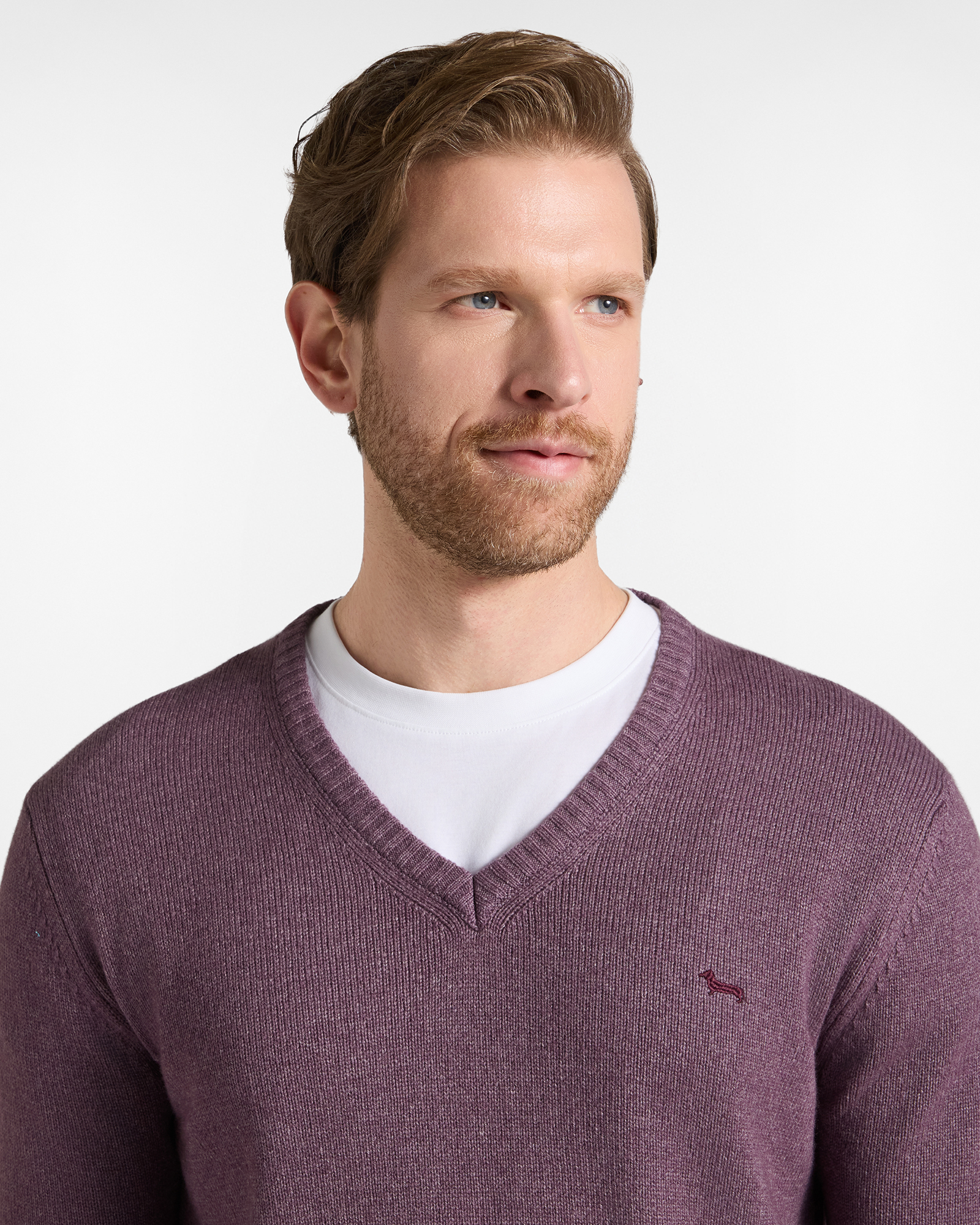 Jersey Hombre con cuello de pico en mezcla de lana Regular Fit Made in Italy, MORADO OSCURO, large