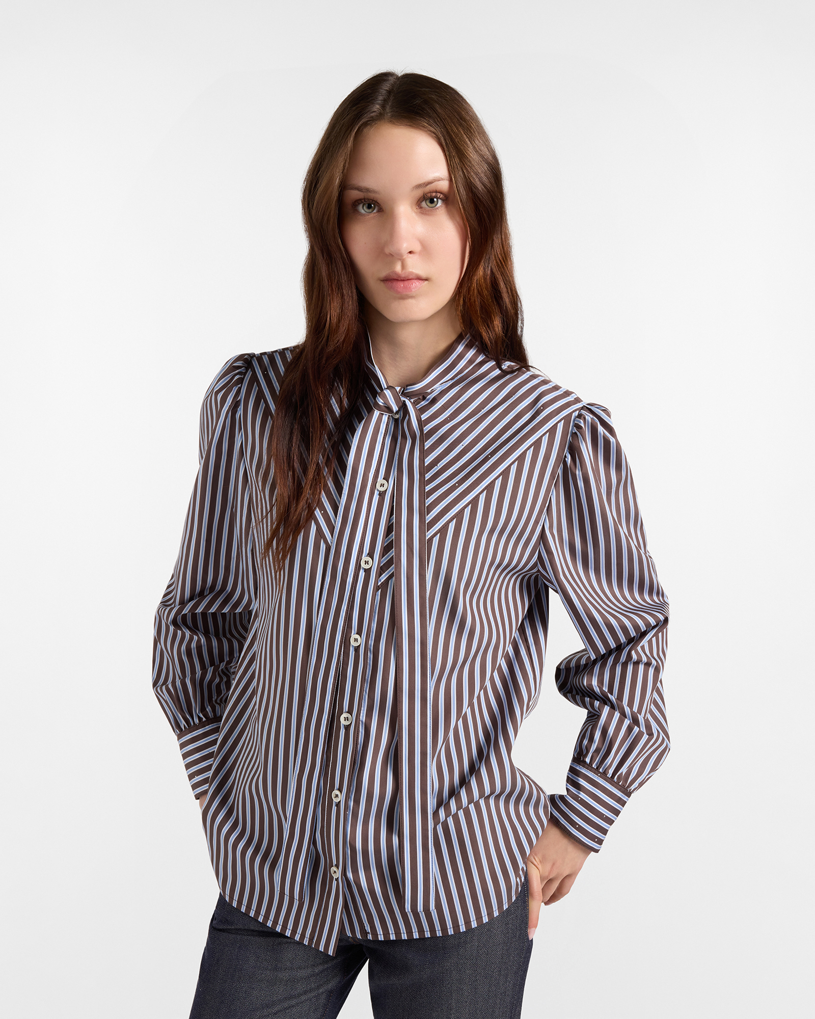 Women's Made in Italy brown striped shirt with tie-neck collar