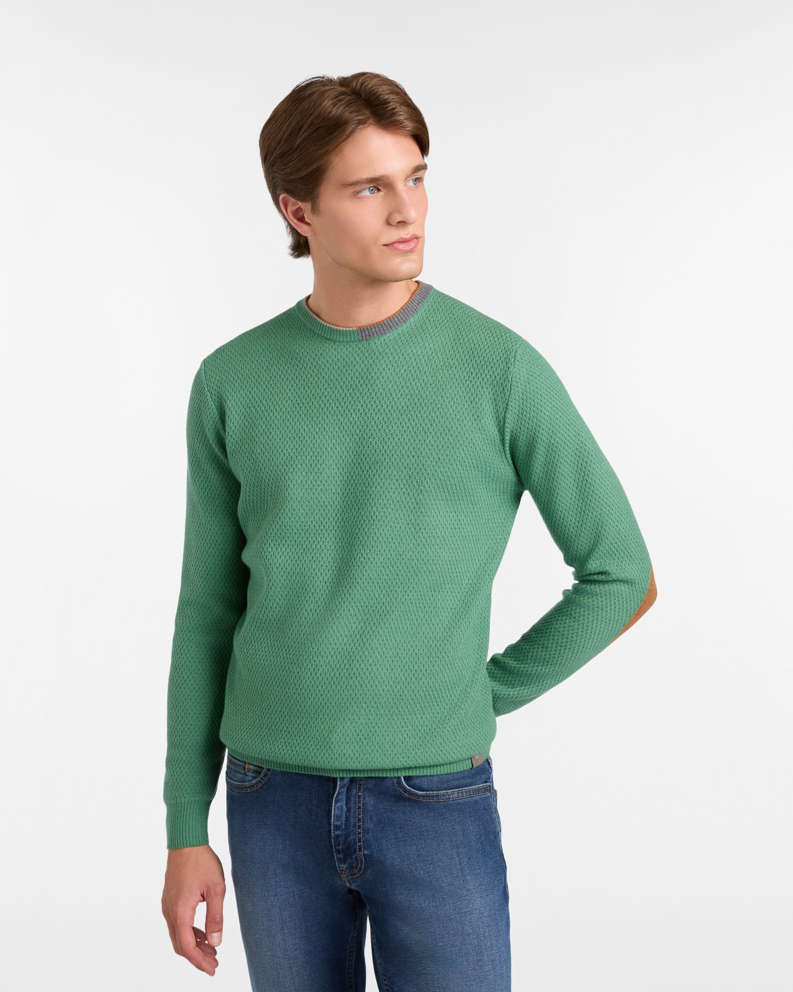 Crewneck Sweater with Contrast Elbow Patches