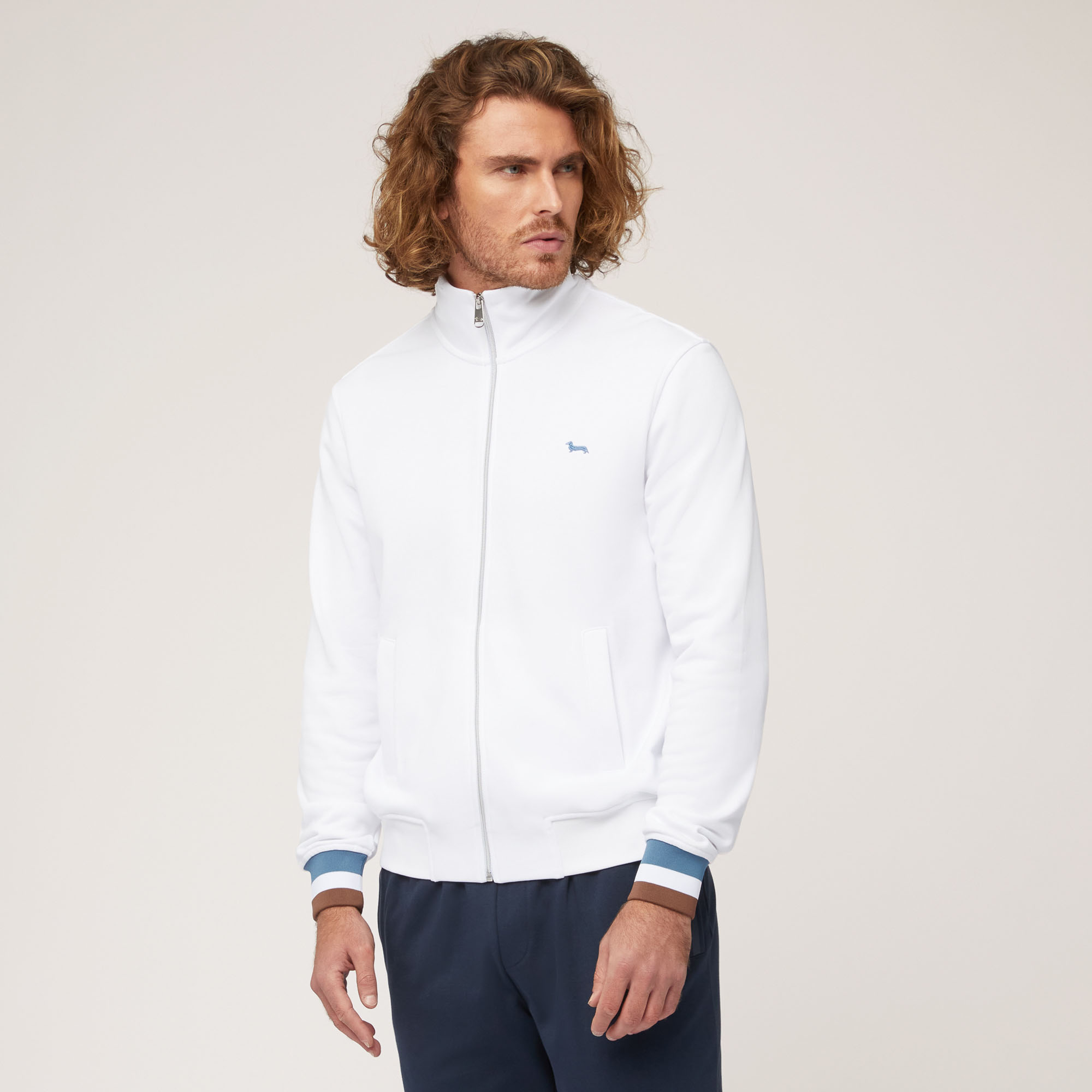 Felpa Full Zip In Cotone Con Dettagli Rigati, Bianco, large image number 0