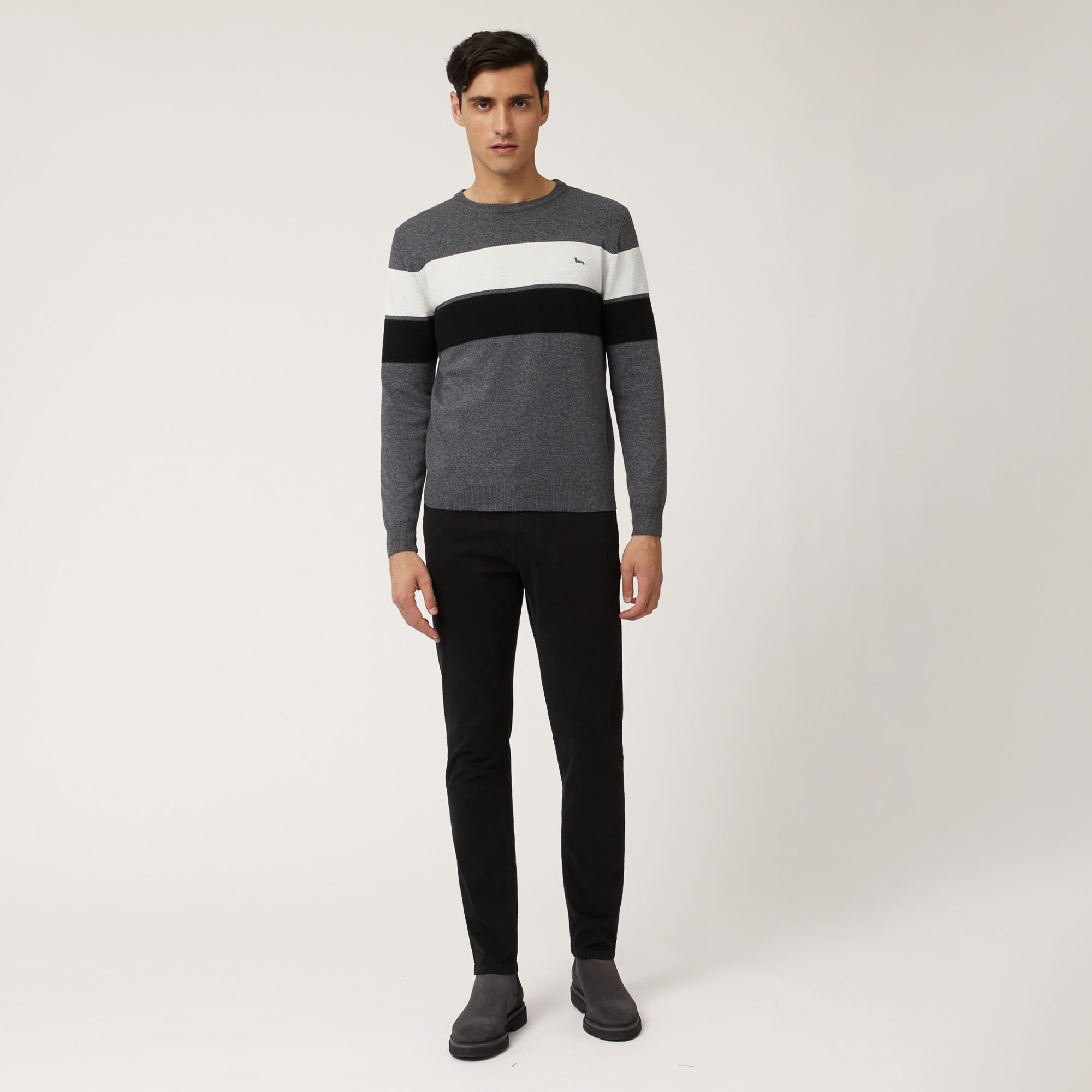 Crew-Neck Pullover With Color-Block Bands, Gray, large image number 3