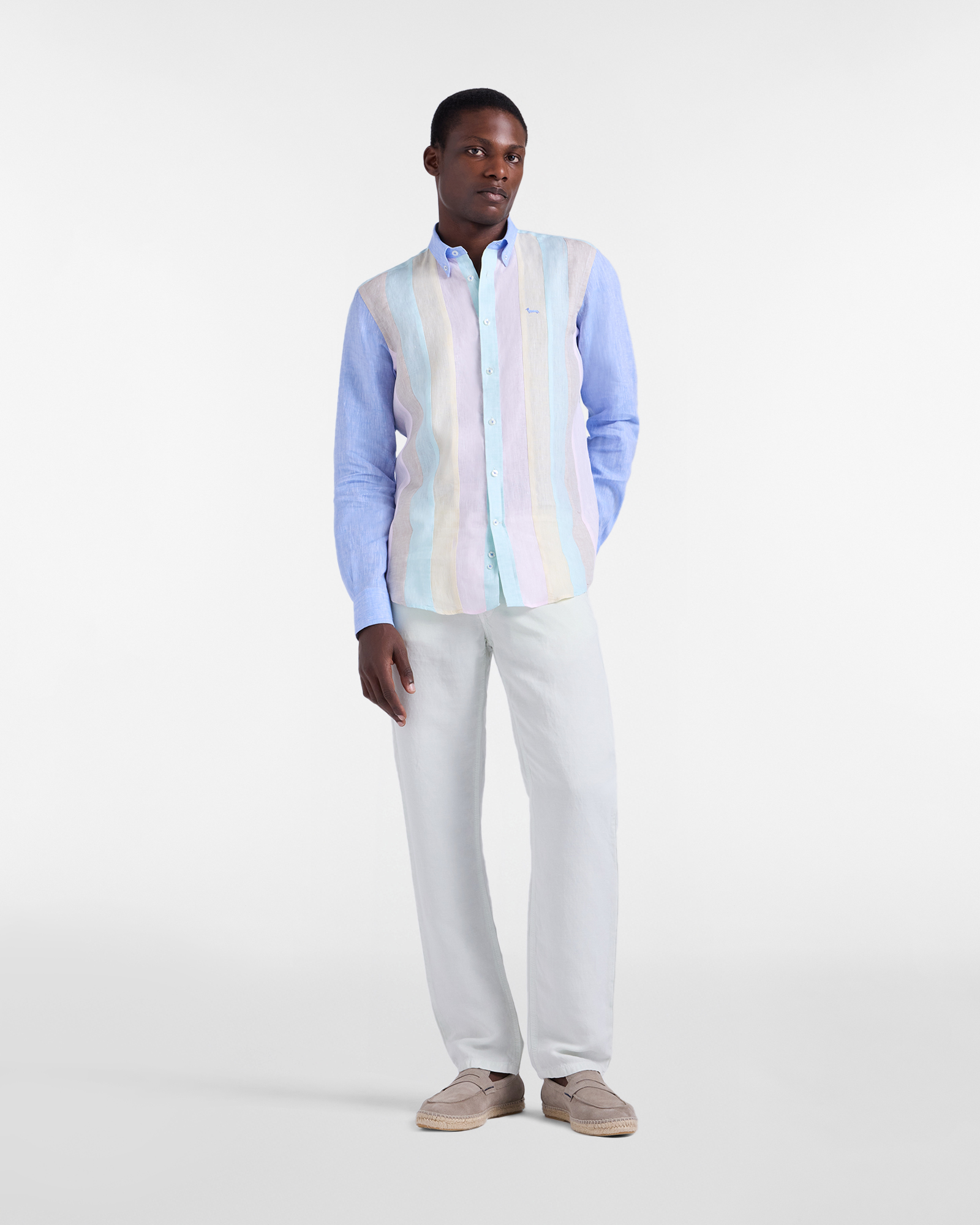 Camisa de lino con bandas en contraste, Celeste, large image number 3