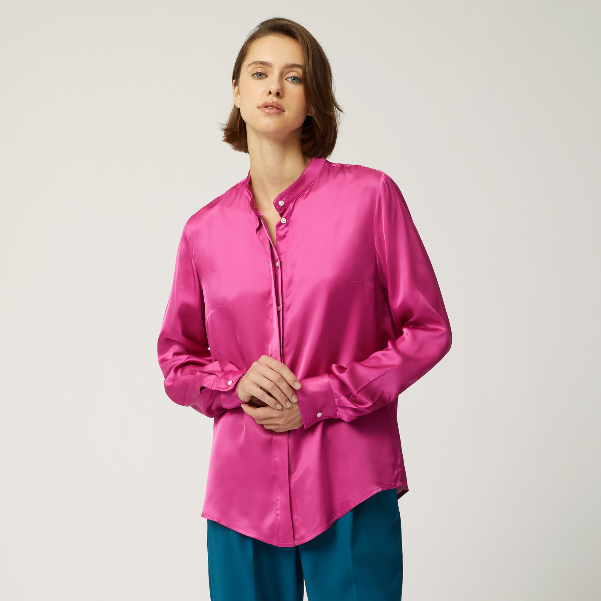 Camicia In Viscosa Con Collo Alla Coreana, Fuxia, large image number 0