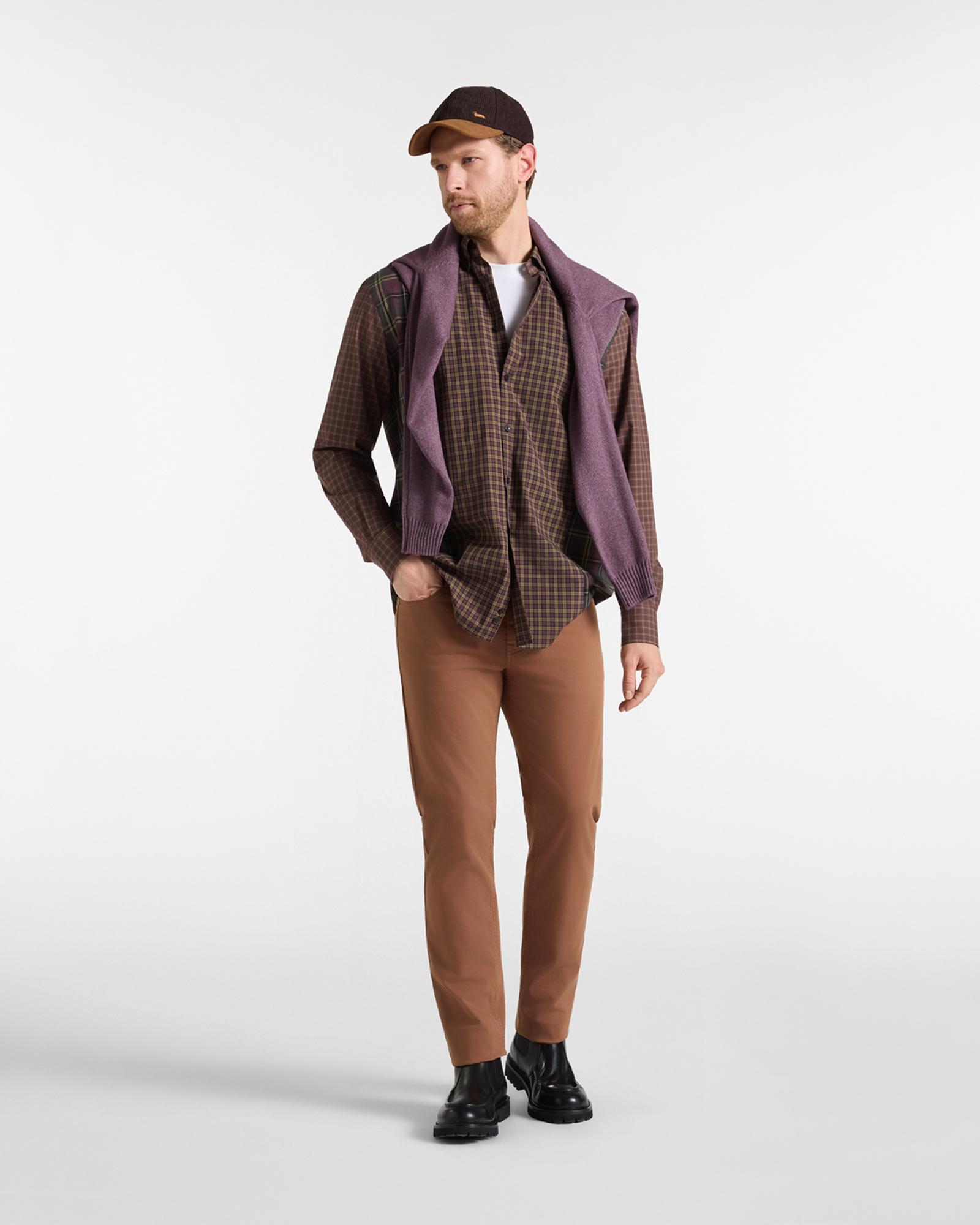 Men's classic fit pop check patchwork shirt, BROWN, large