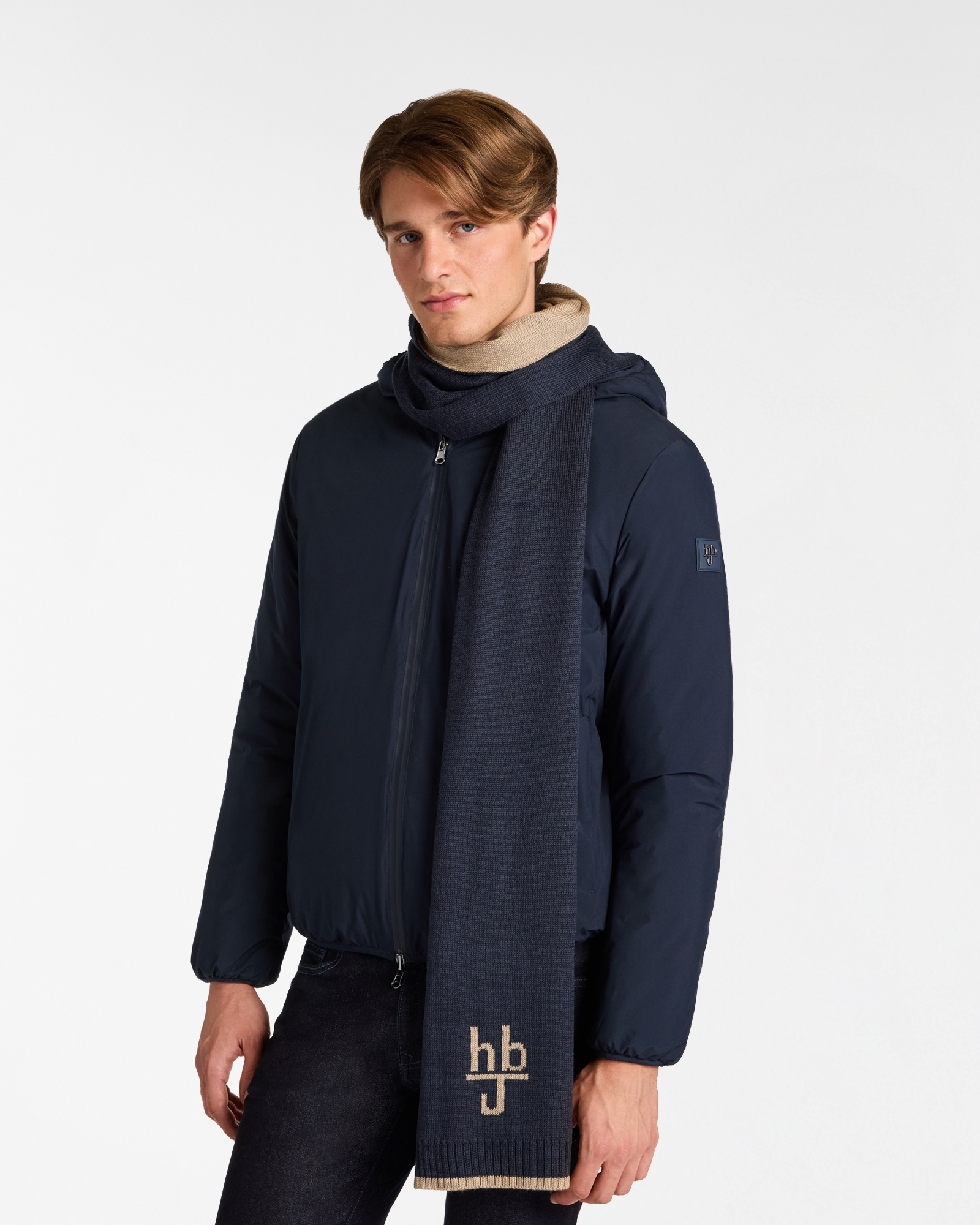 Knitted Scarf with Embroidered Logo and Contrast Border, Dark Blue, large