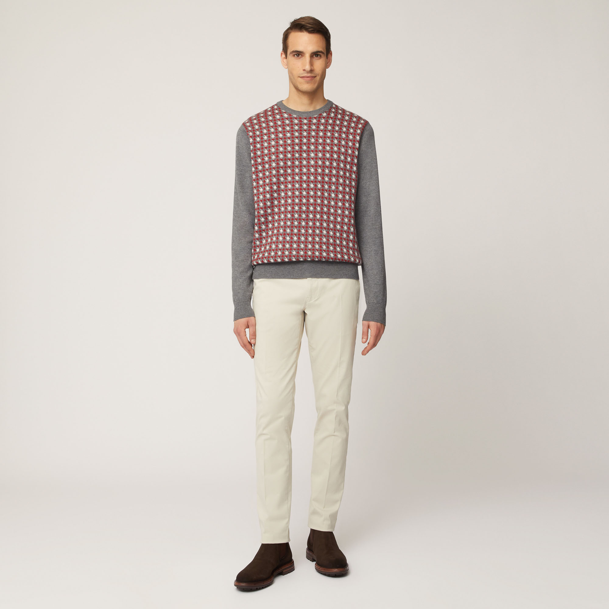 Pullover Girocollo In Misto Lana Con Fantasia Sul Davanti, Grigio Acciaio, large image number 3