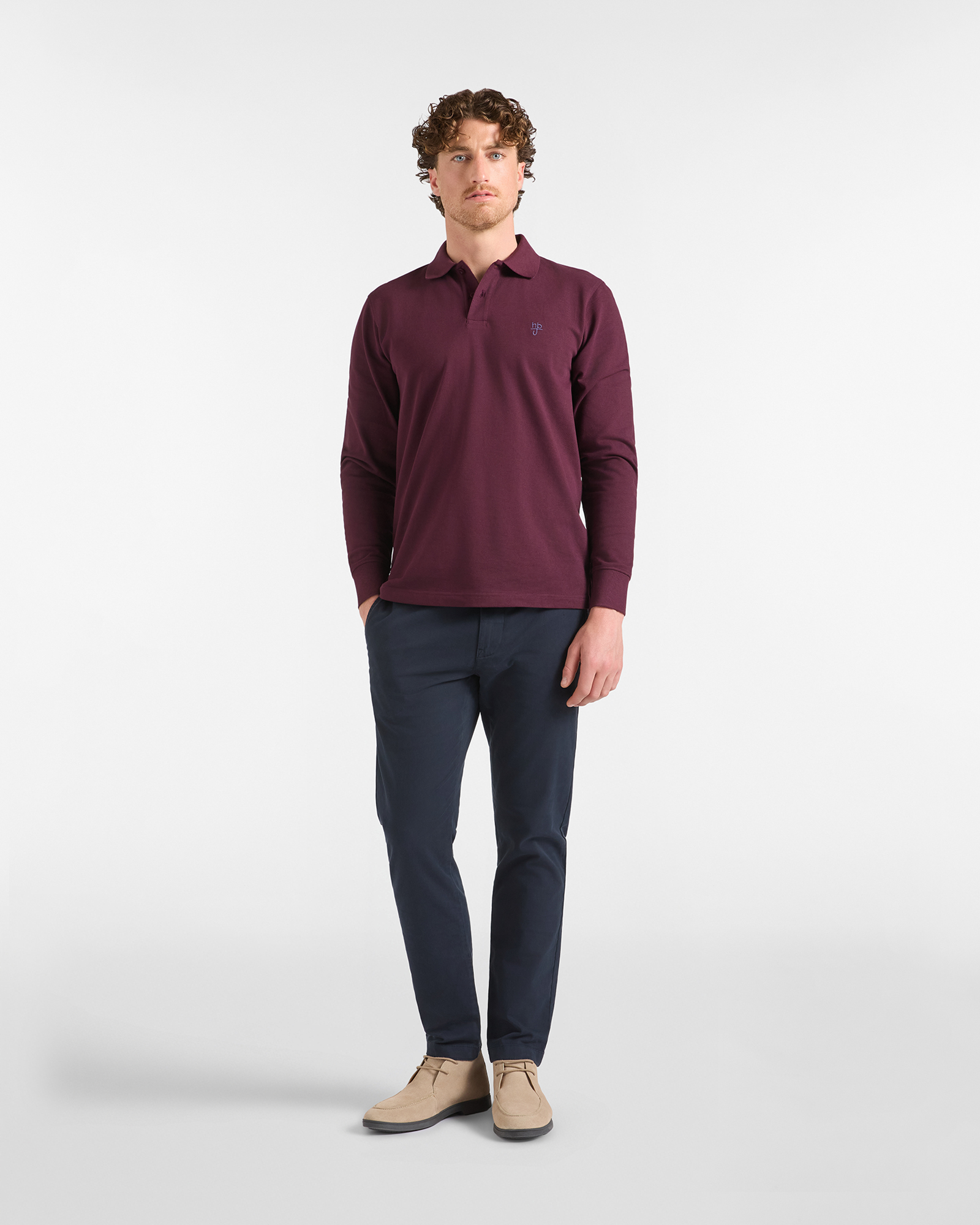 Polo HBJ Uomo Manica Lunga in Cotone Piquet, PRUGNA, large