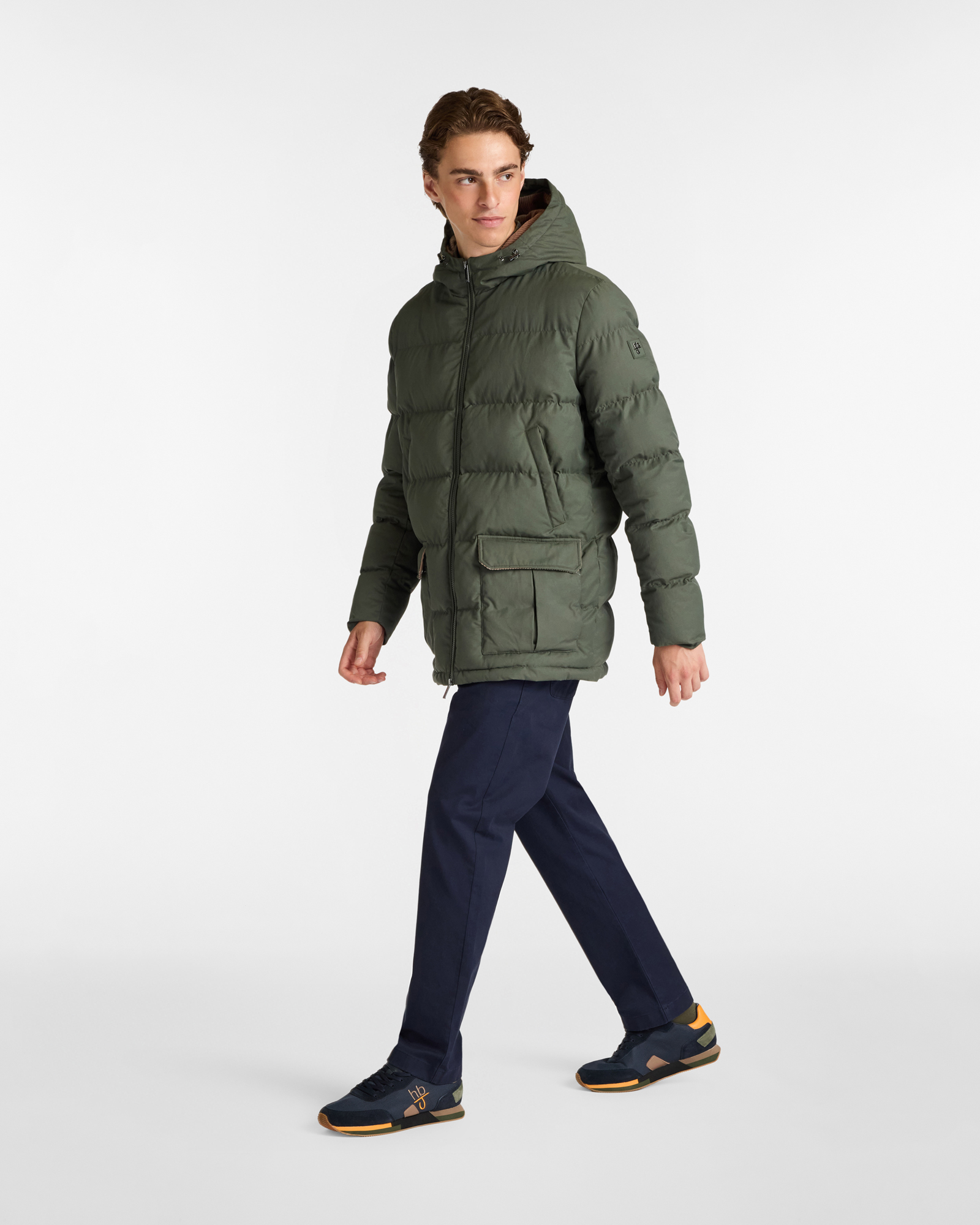 Long Quilted Down Jacket with Hood and Velvet Interior Details, Olive Green, large image number 3