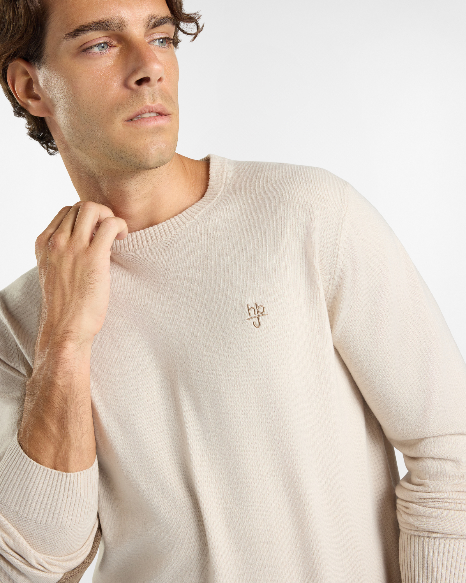 Maglia HBJ Uomo in punto cardato con toppe, girocollo in misto lana e cashmere, BIANCO, large
