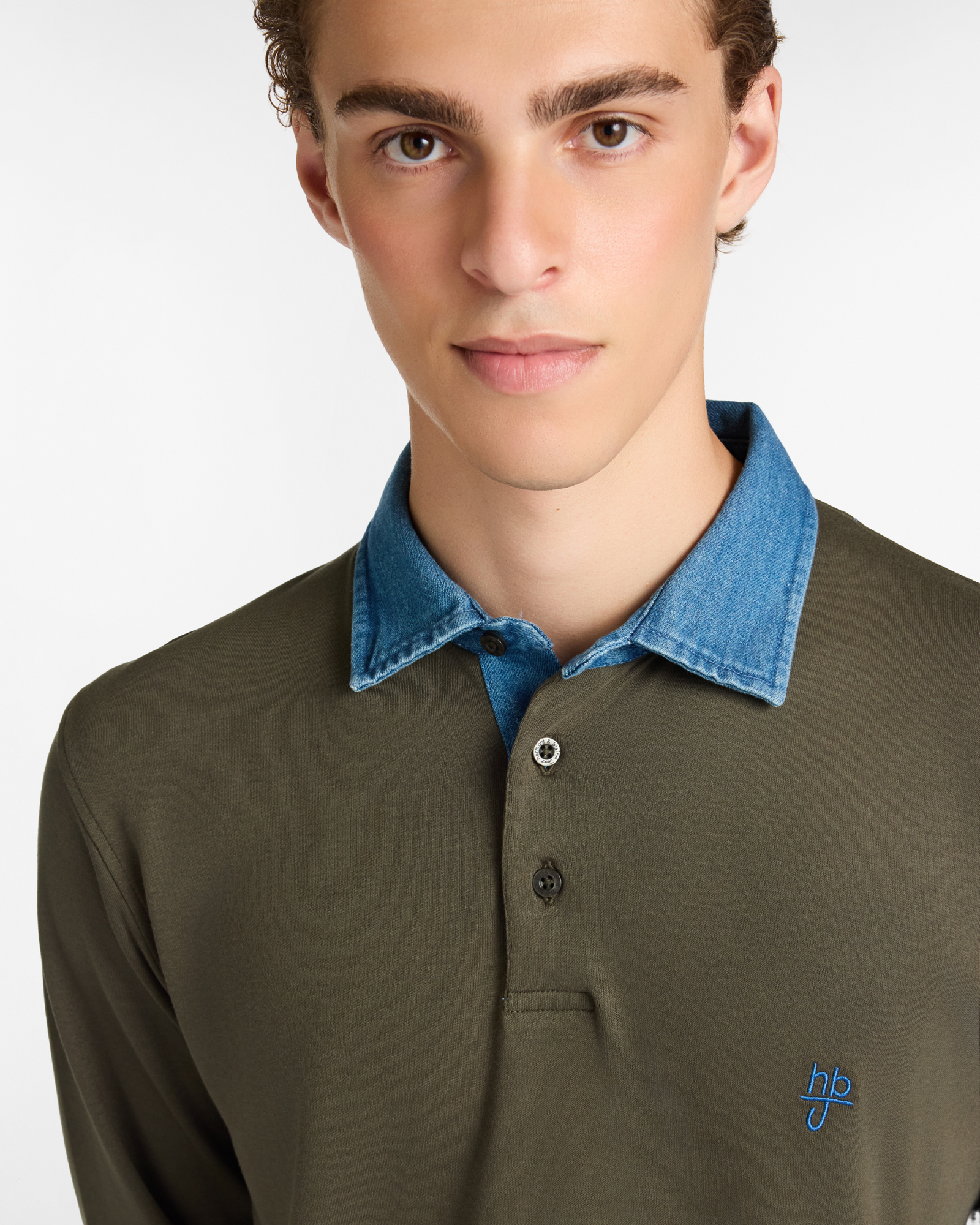Polo Manica Lunga in Cotone con Collo in Denim, Verde Oliva, large image number 2