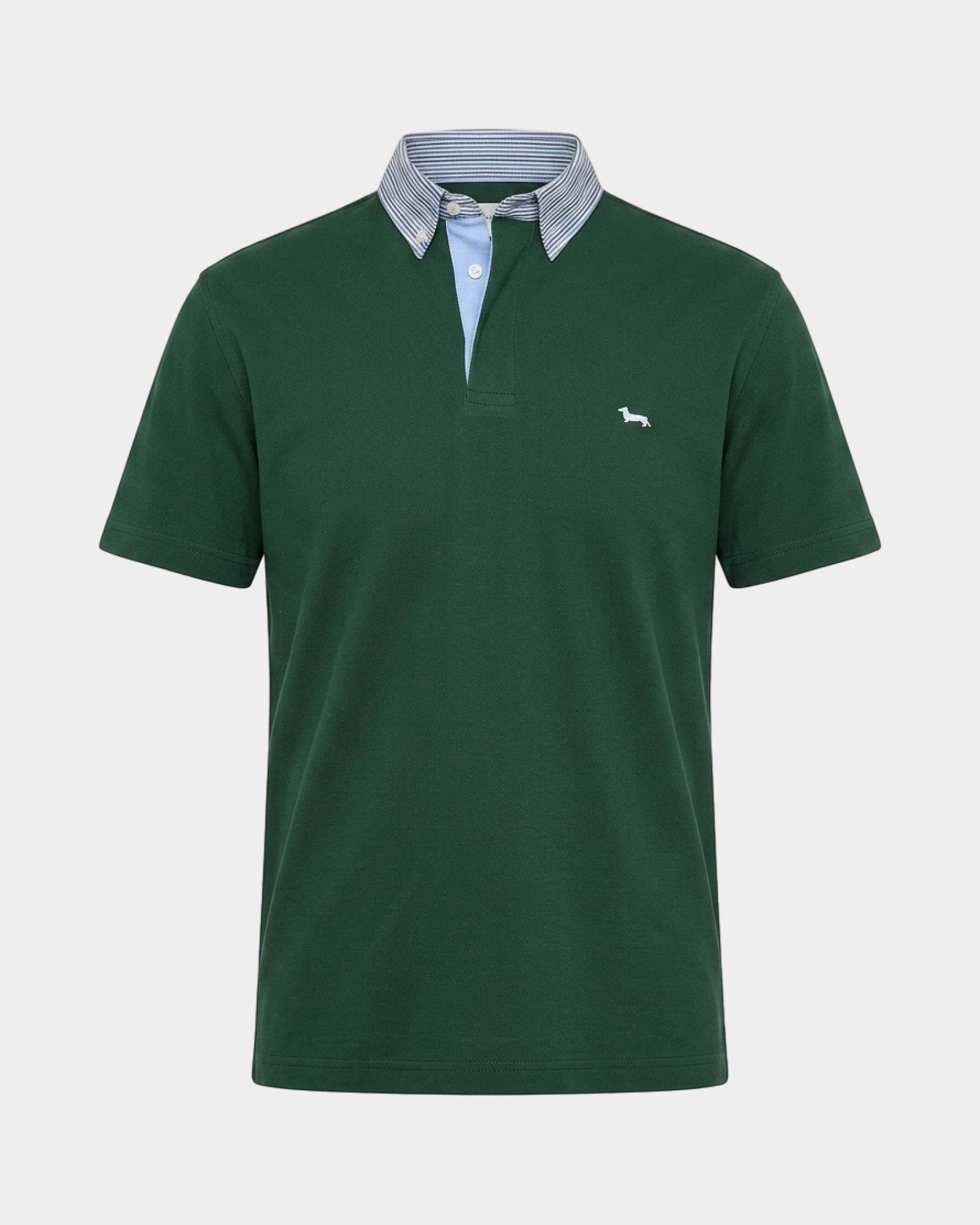 Men's Vietri polo shirt in cotton piqu&eacute; with contrasting striped collar, BOTTLE GREEN, large