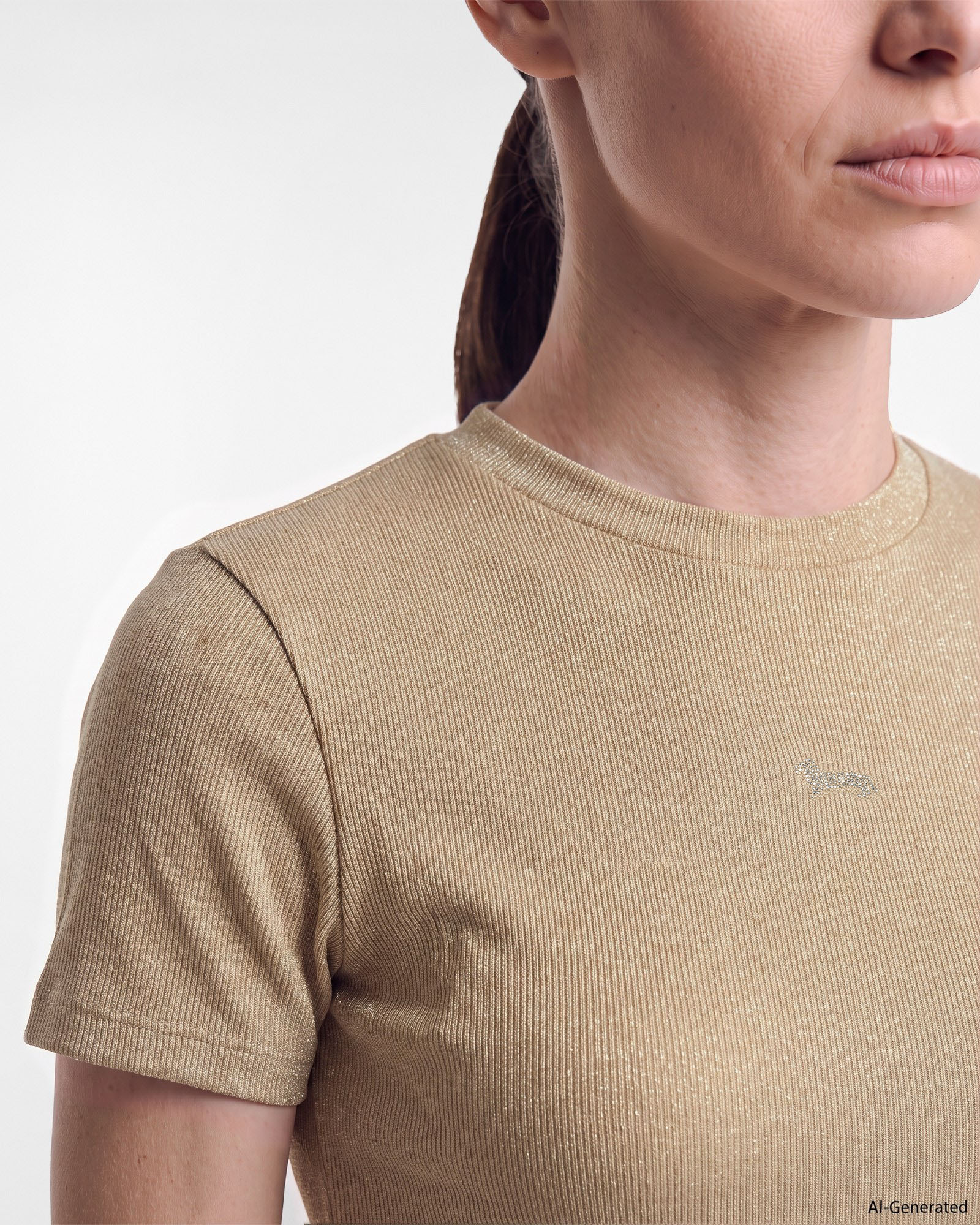Women&rsquo;s Slim-Fit Lam&eacute; Ribbed T-shirt with rhinestone hem in stretch nylon, TAUPE, large