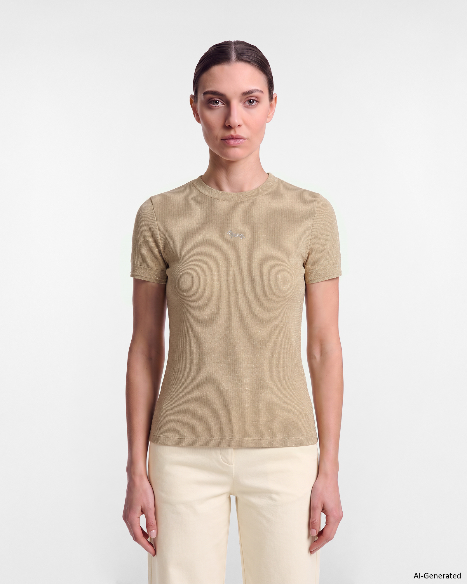 Slim-Fit-Damen-T-Shirt aus Lam&eacute;-Rippstrick mit Strass-Saum aus taupefarbenem Stretch-Nylon