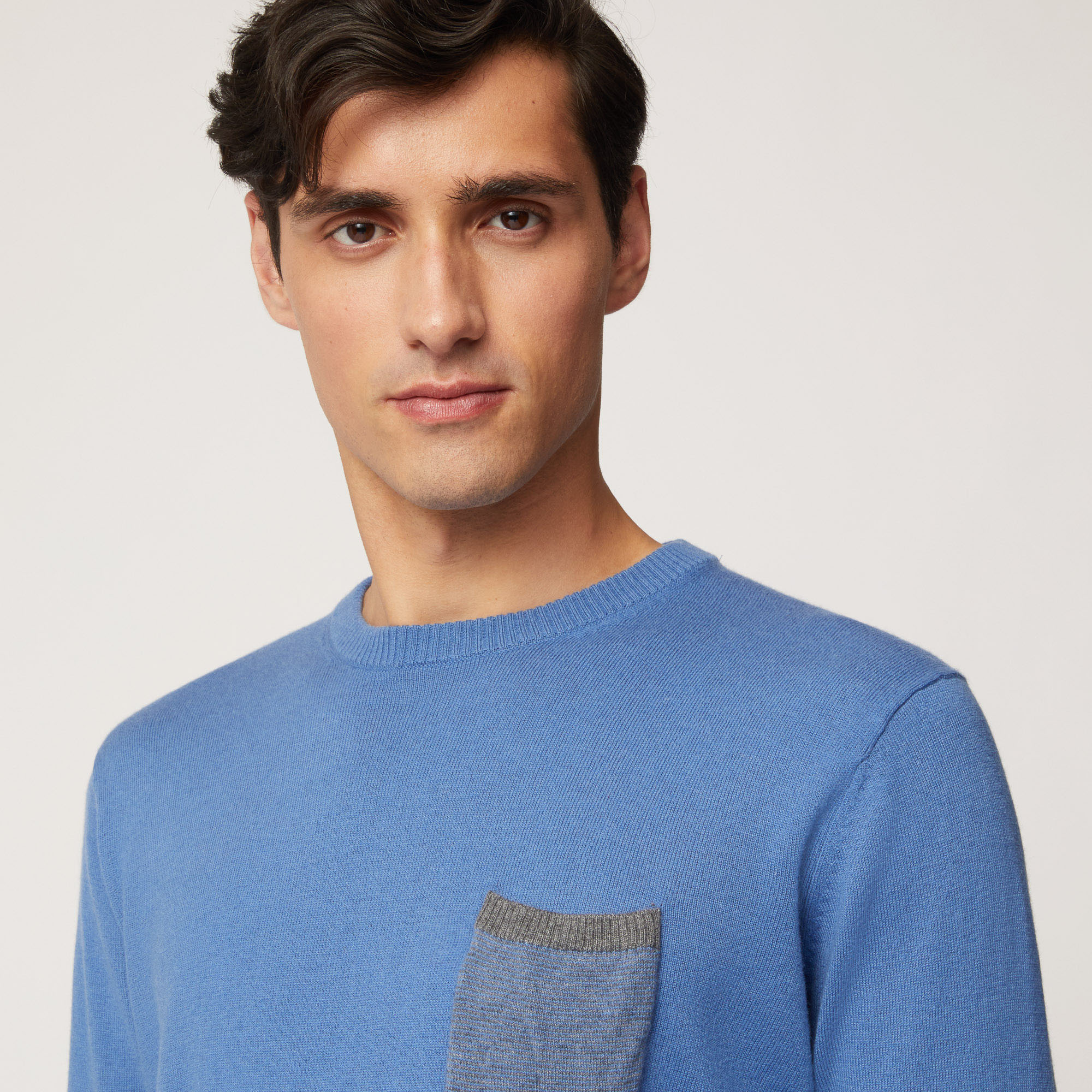 Pullover Girocollo In Misto Lana Con Taschino, Blu Chiaro, large image number 2
