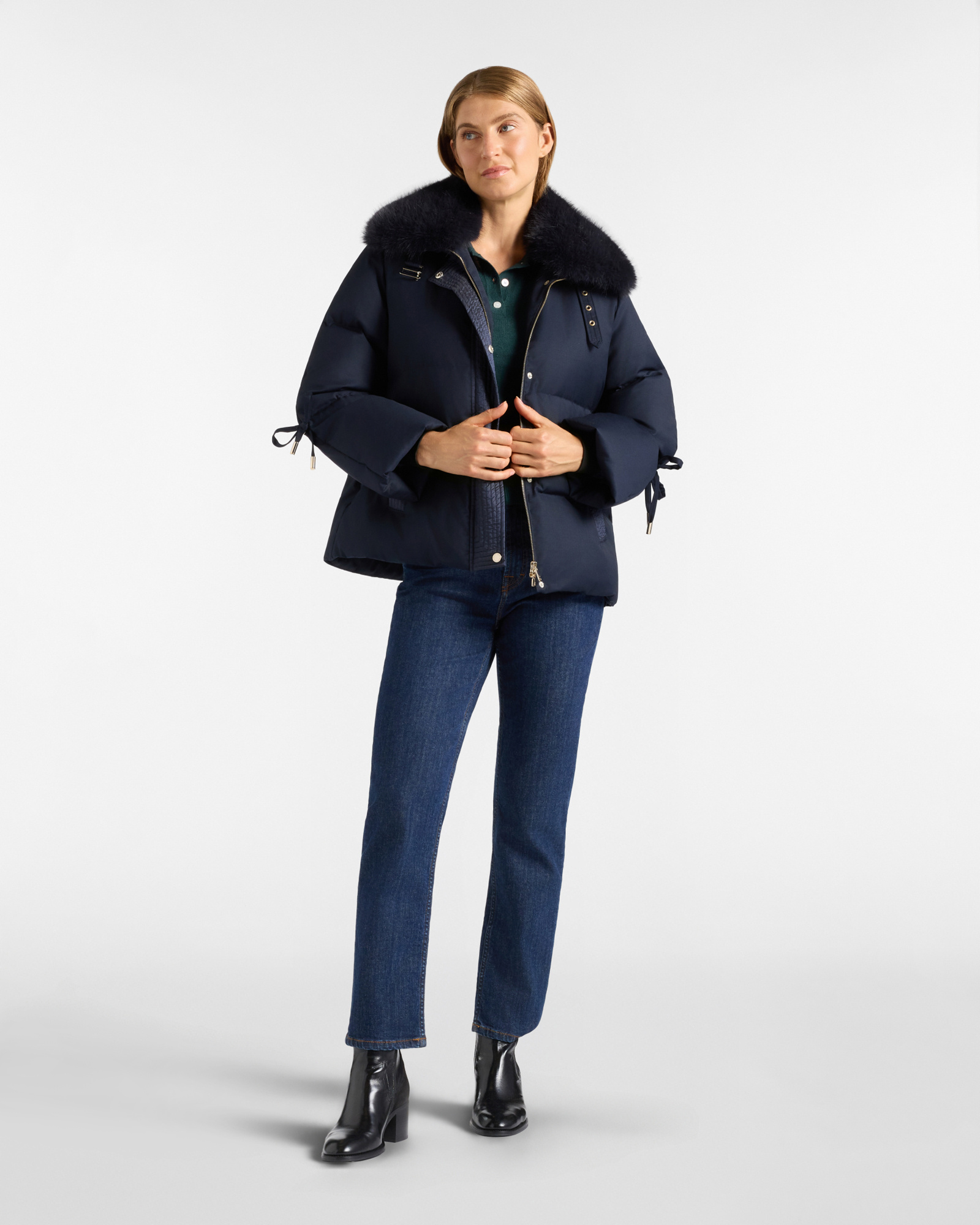 Women&rsquo;s oversized technical wool down jacket in with down filling, NAVY BLUE, large