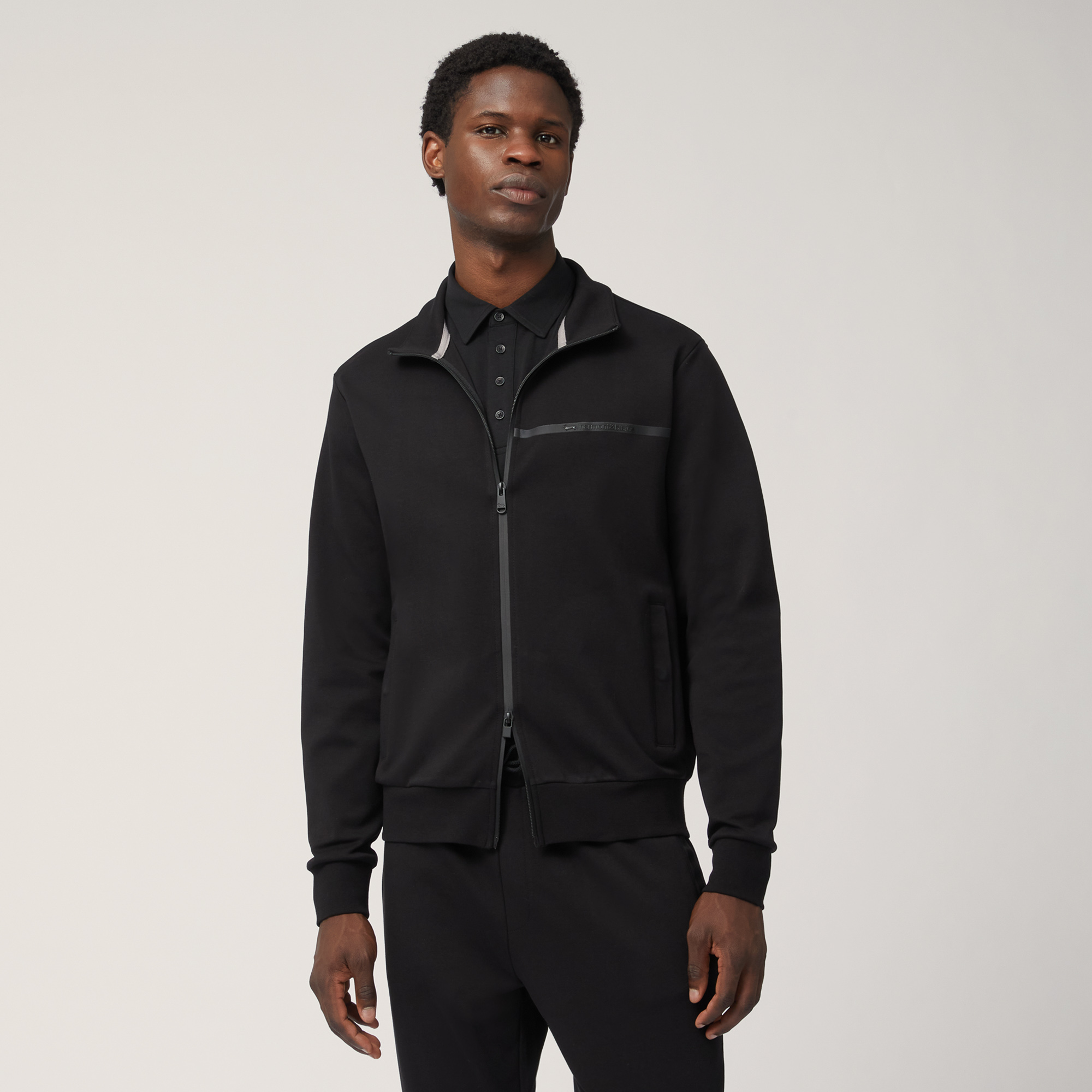 Cotton Full-Zip Sweatshirt with Heat-Sealed Details, Black, large