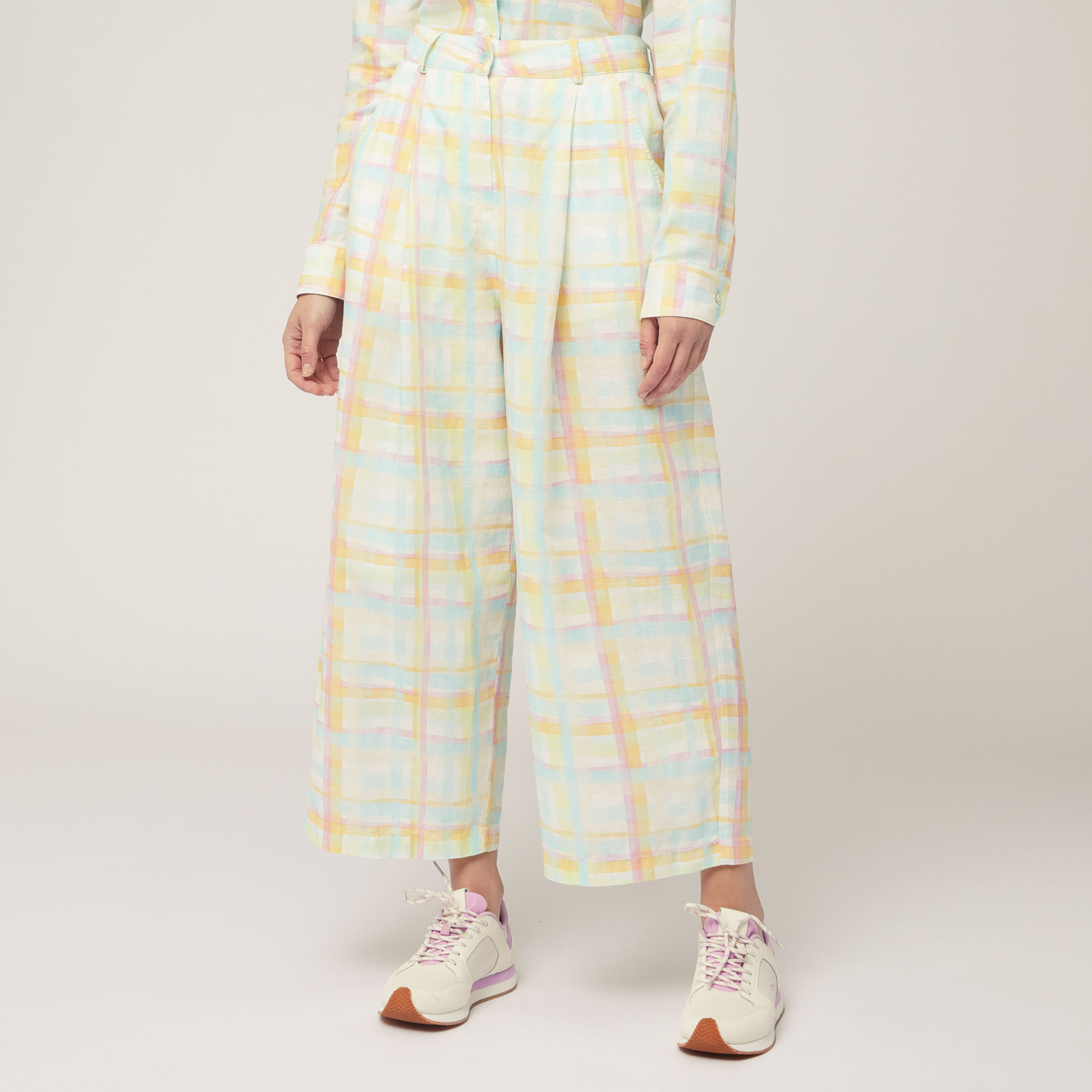Mixed Linen Tartan Trousers, White, large image number 0