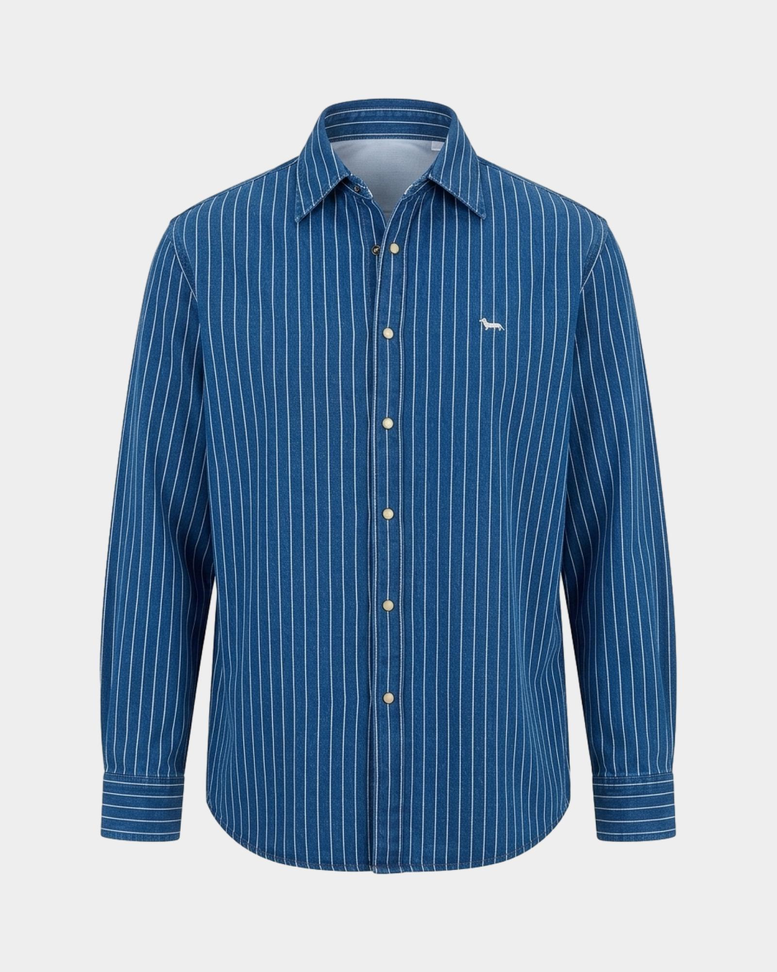 Camisa de hombre en denim con rayas finas, corte cl&aacute;sico, AZUL DENIM, large
