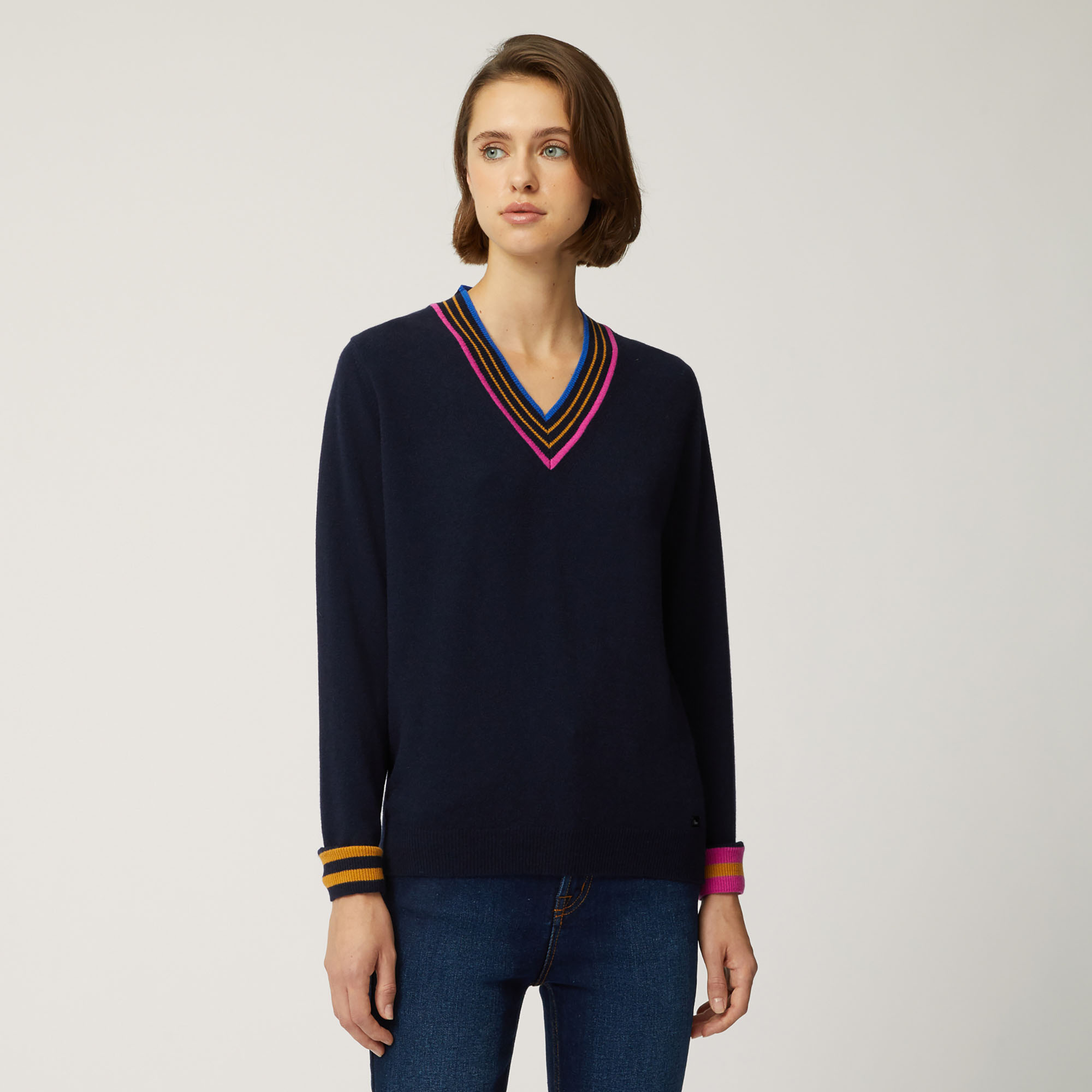 Cashmere Pullover With Striped Details, Blue, large image number 0