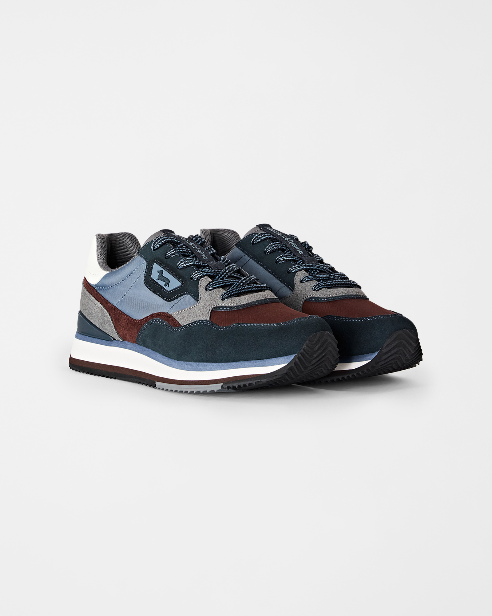 Men's running sneakers in three-tone suede and three-tone technical fabric, BLUE - BROWN, large