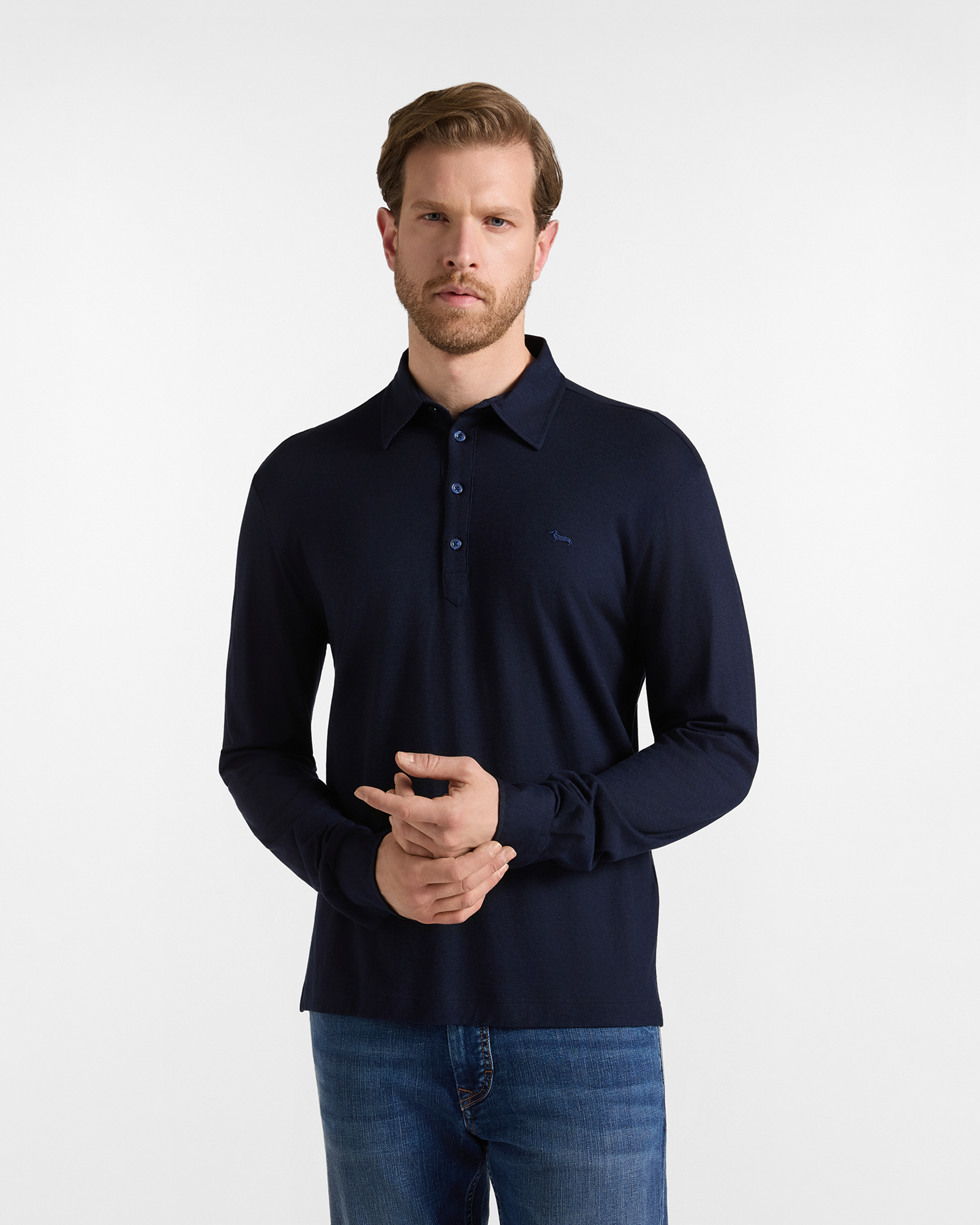 Men's long-sleeve blue cotton and Lyocell blend jersey polo shirt