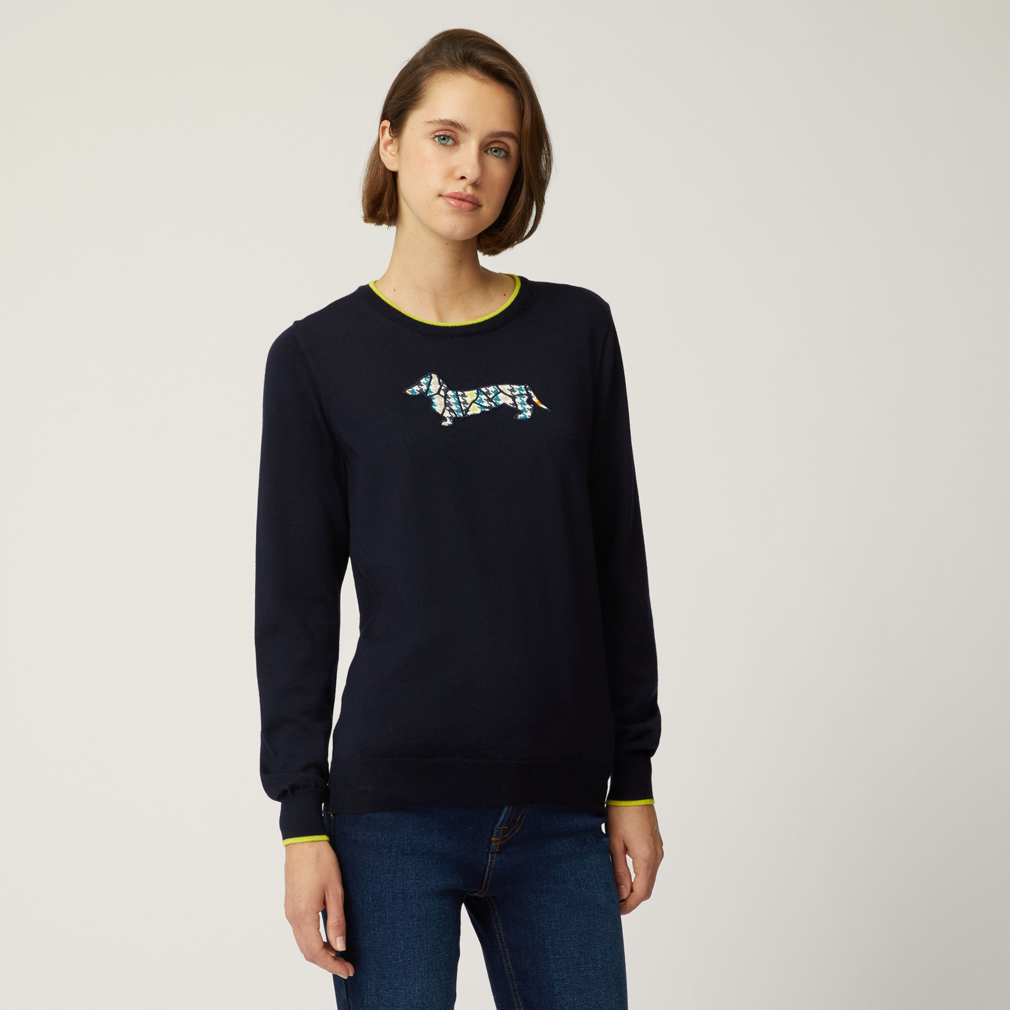 Pullover In Lana Con Maxi Bassotto, Blu Navy, large image number 0