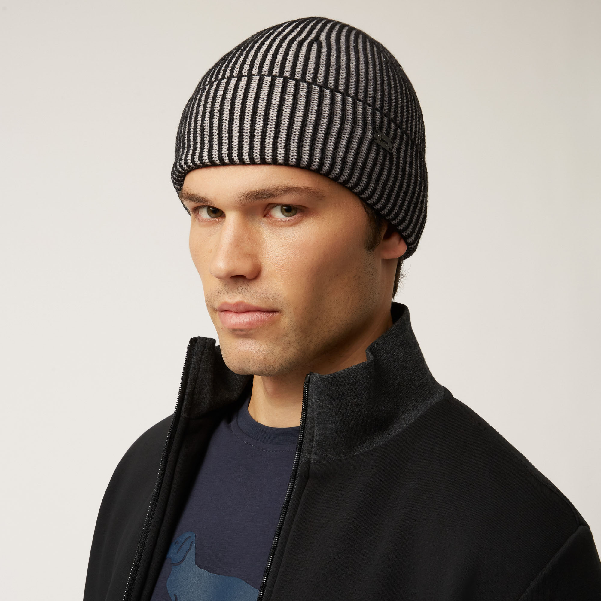 Short Ribbed Wool-Blend Beanie, Gray, large