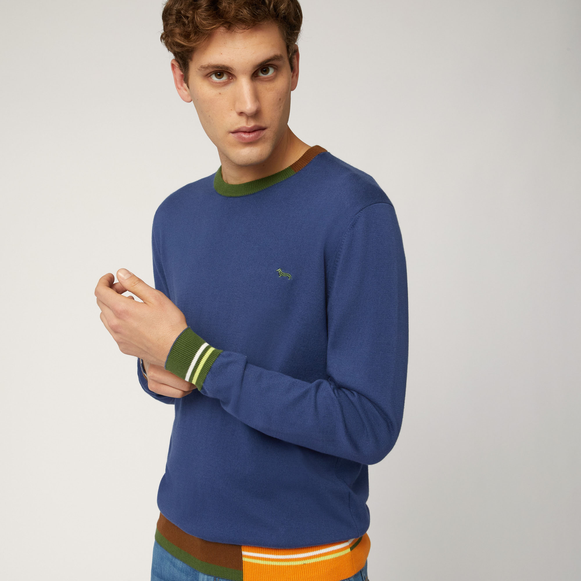 Organic Cotton Crew Neck Pullover with Color Block Details, Blue, large image number 2