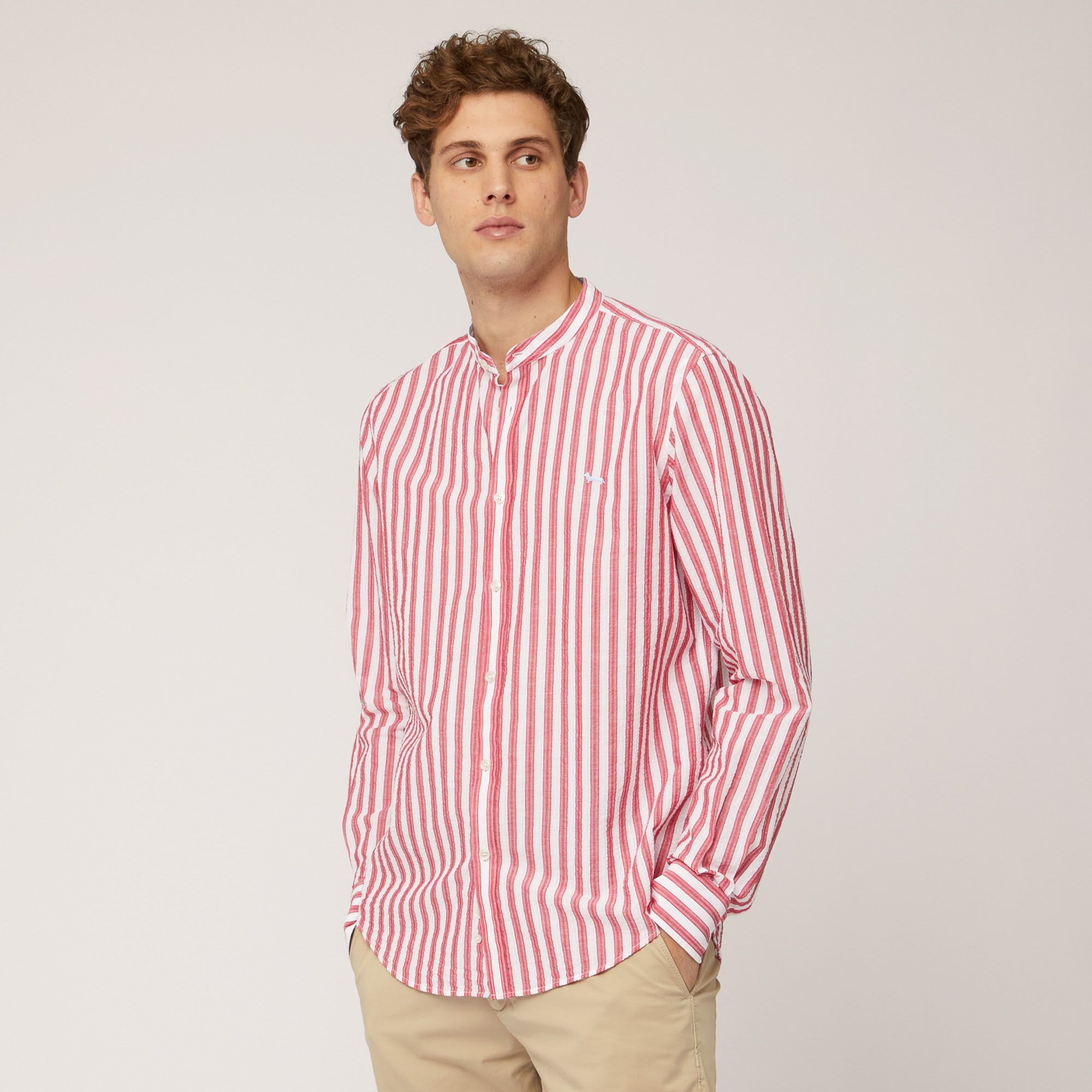 Linen and Cotton Striped Shirt with Mandarin Collar, Light Red, large image number 0