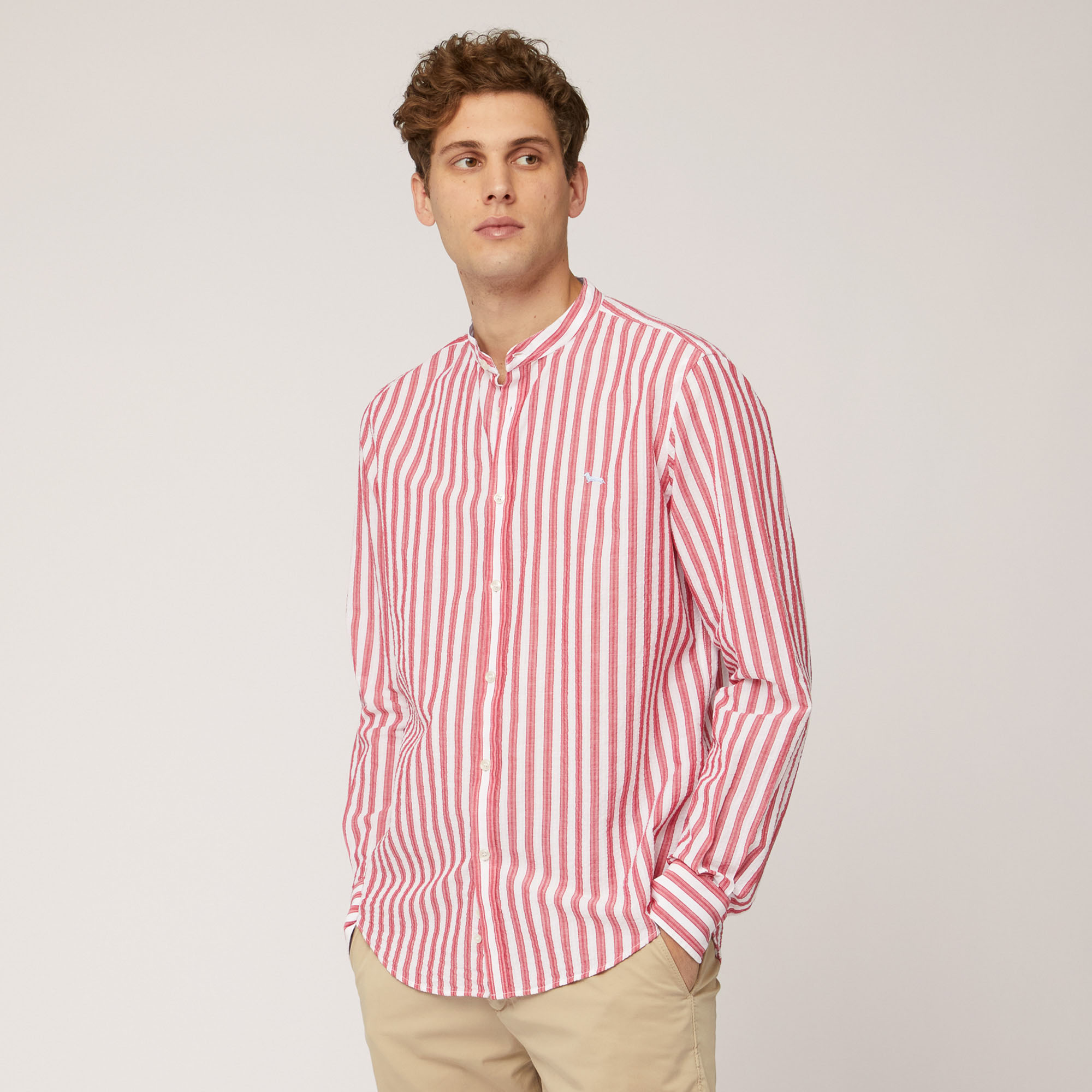 Camicia In Lino E Cotone A Righe Con Collo Alla Coreana, Rosso Chiaro, large image number 0