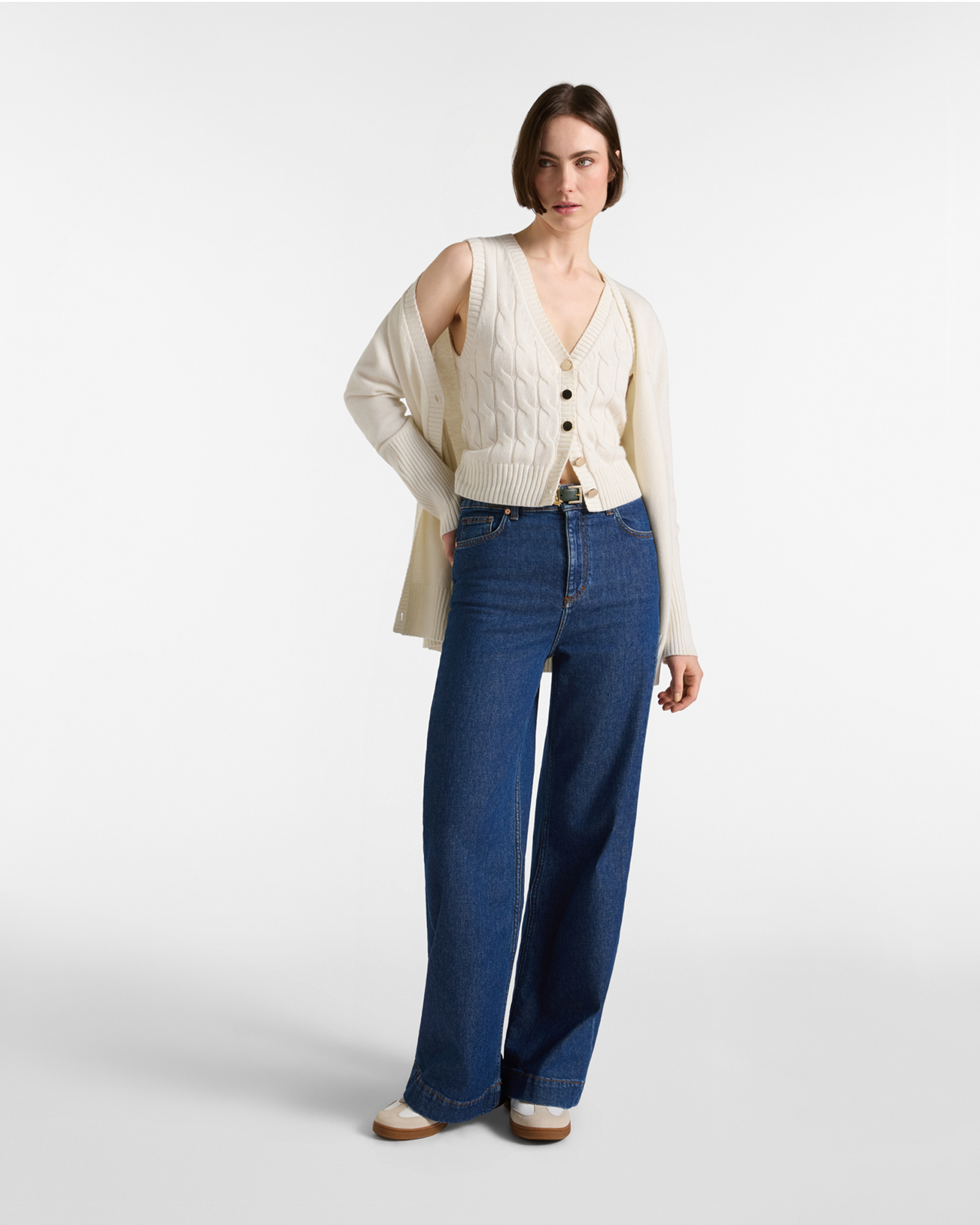 C&aacute;rdigan Mujer con cuello de pico en mezcla de lana Made in Italy, BLANCO, large