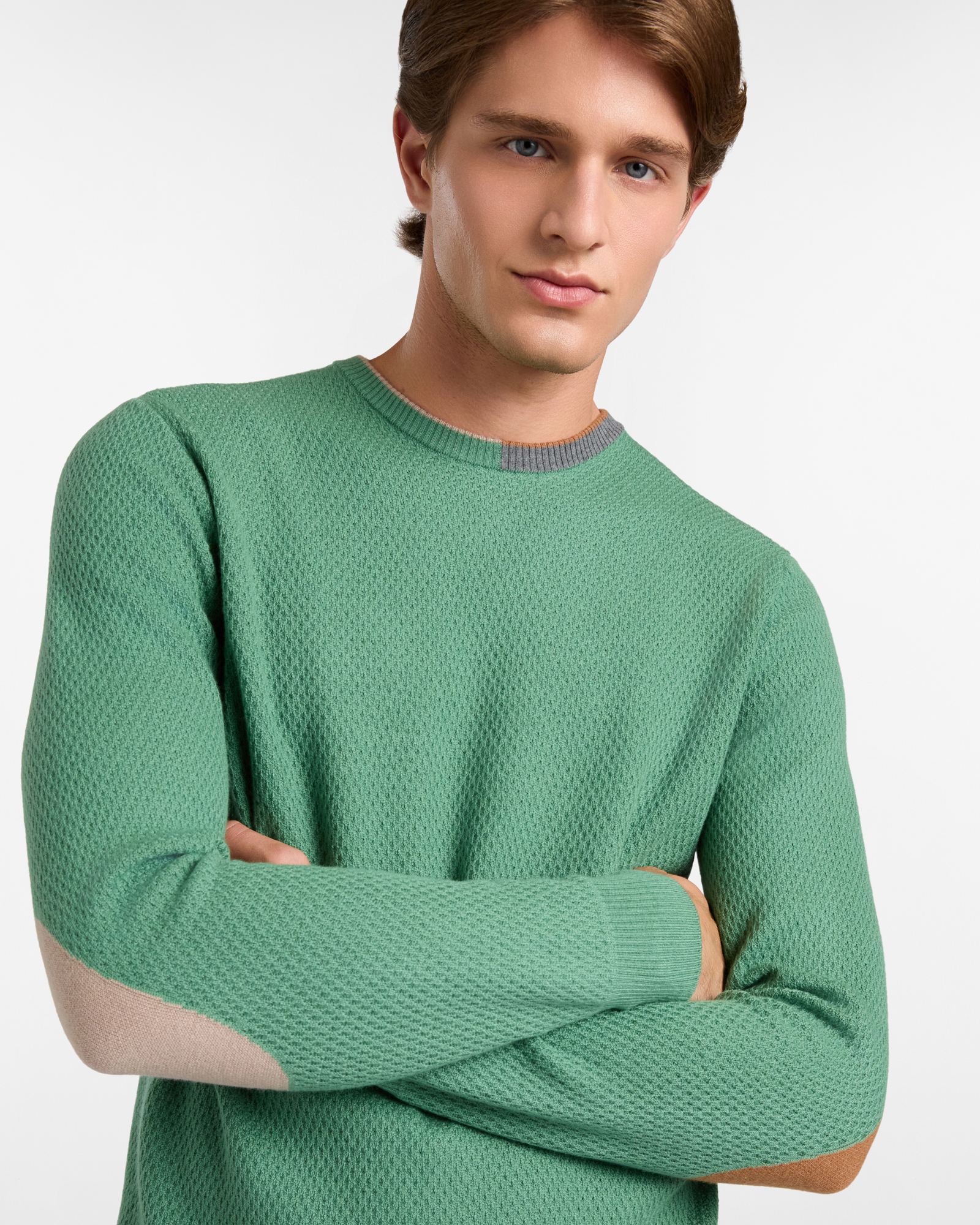 Crewneck Sweater with Contrast Elbow Patches, Light Green, large image number 2