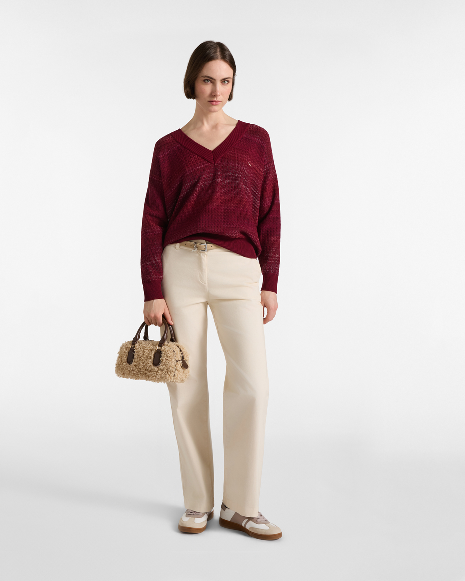 Women's Made in Italy deep V-neck pullover 100% pure wool, INDIAN ROSE, large