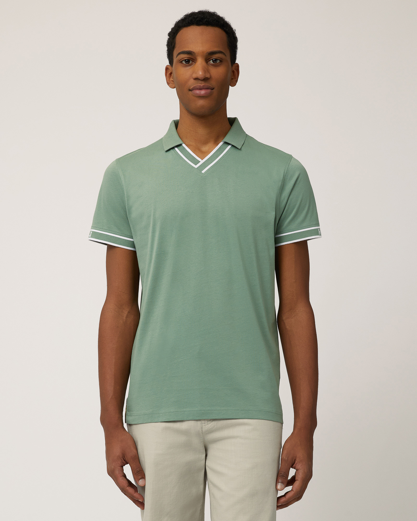 Polo Con Bordi Jacquard, Verde Lichene, large