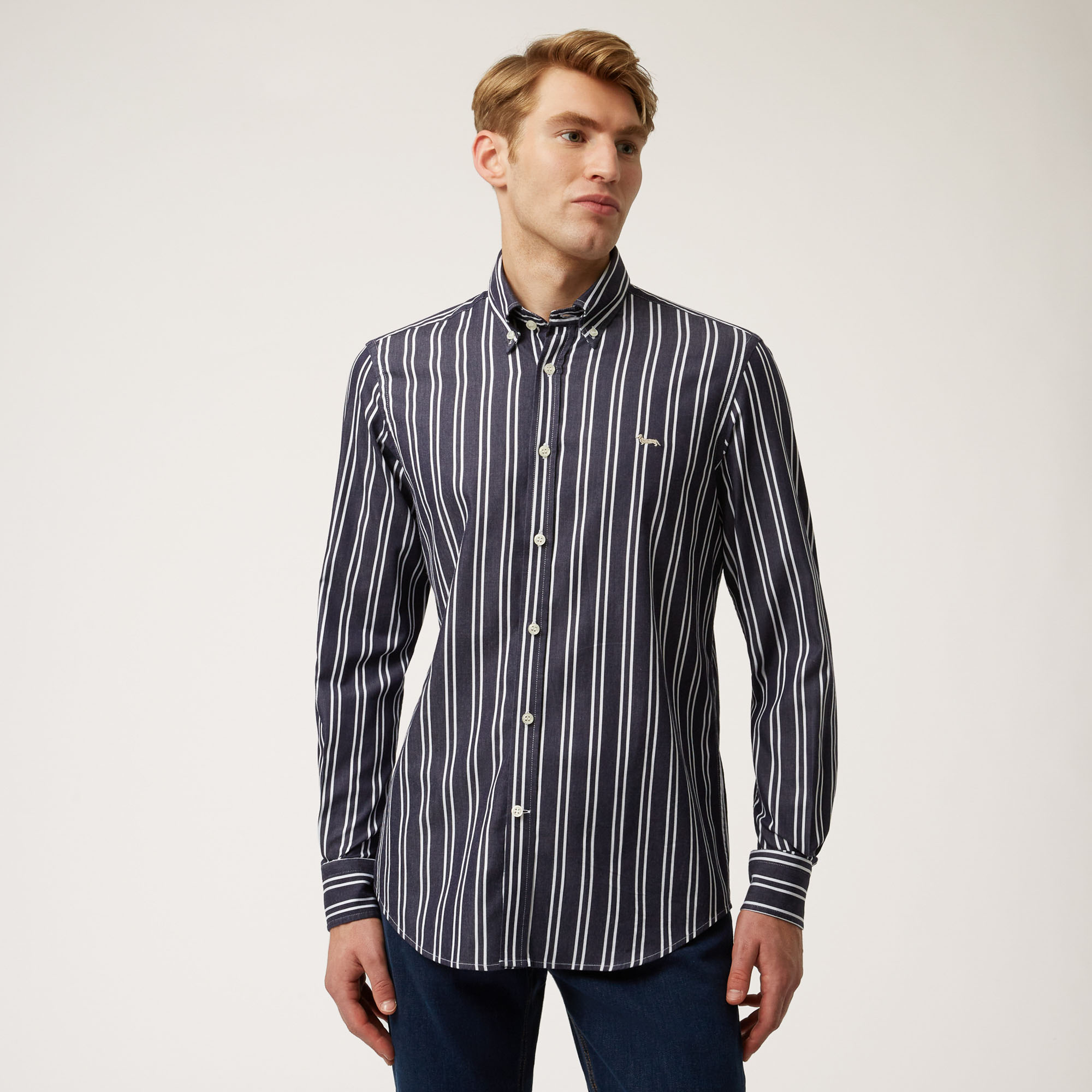 Stretch Cotton Shirt With Vertical Stripes, Blue, large image number 0