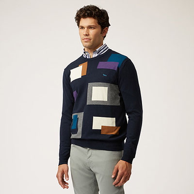 Wool And Cotton Crew-Neck Pullover With Geometric Details