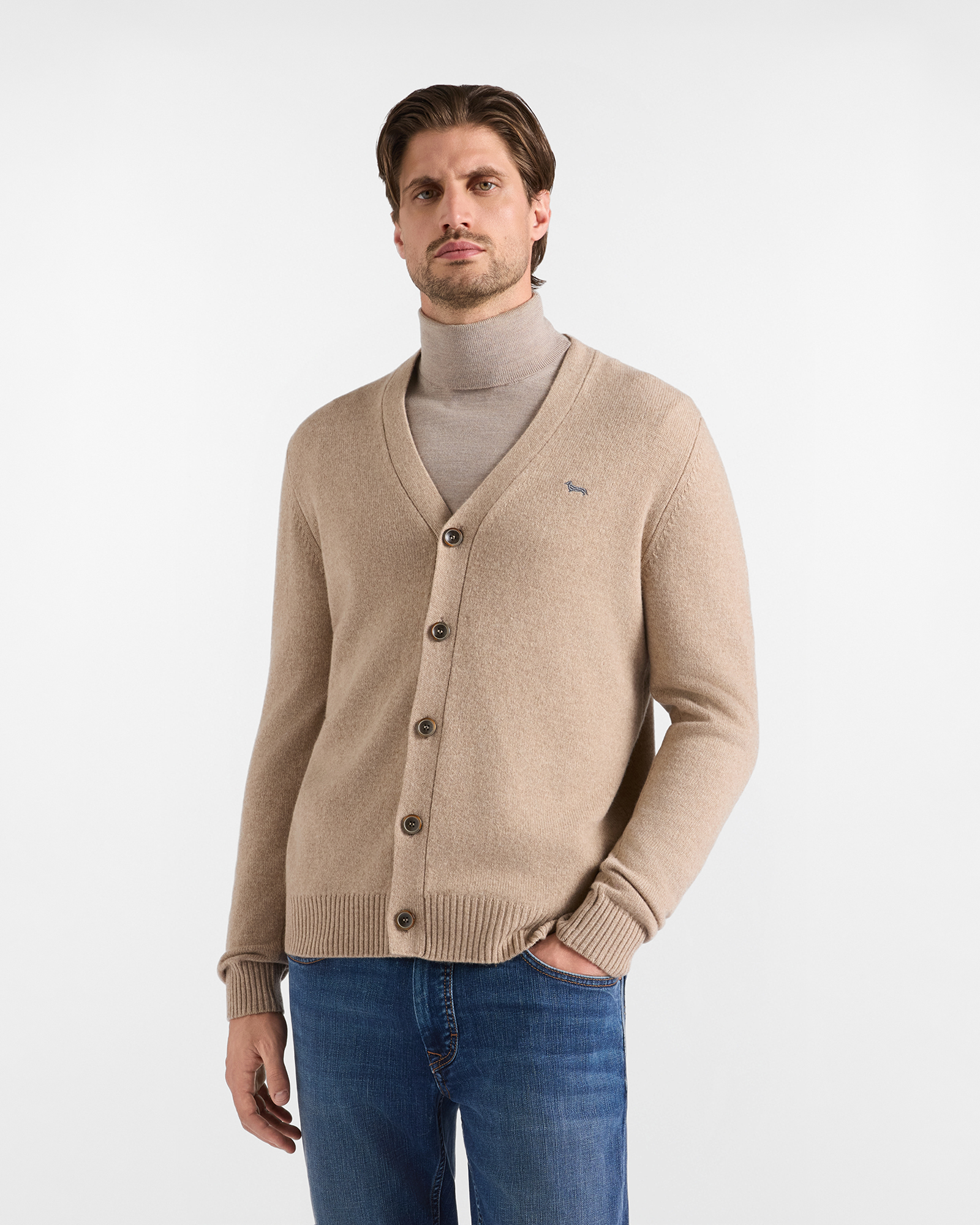 Men's Made in Italy V-neck cardigan in wool and cashmere blend with regular fit, TAUPE, large