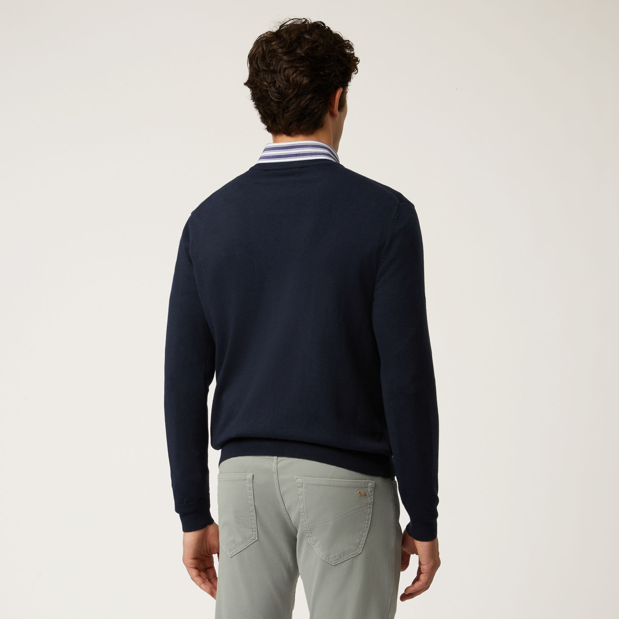 Pullover Girocollo In Lana E Cotone Con Dettagli Geometrici, Blu Navy, large image number 1